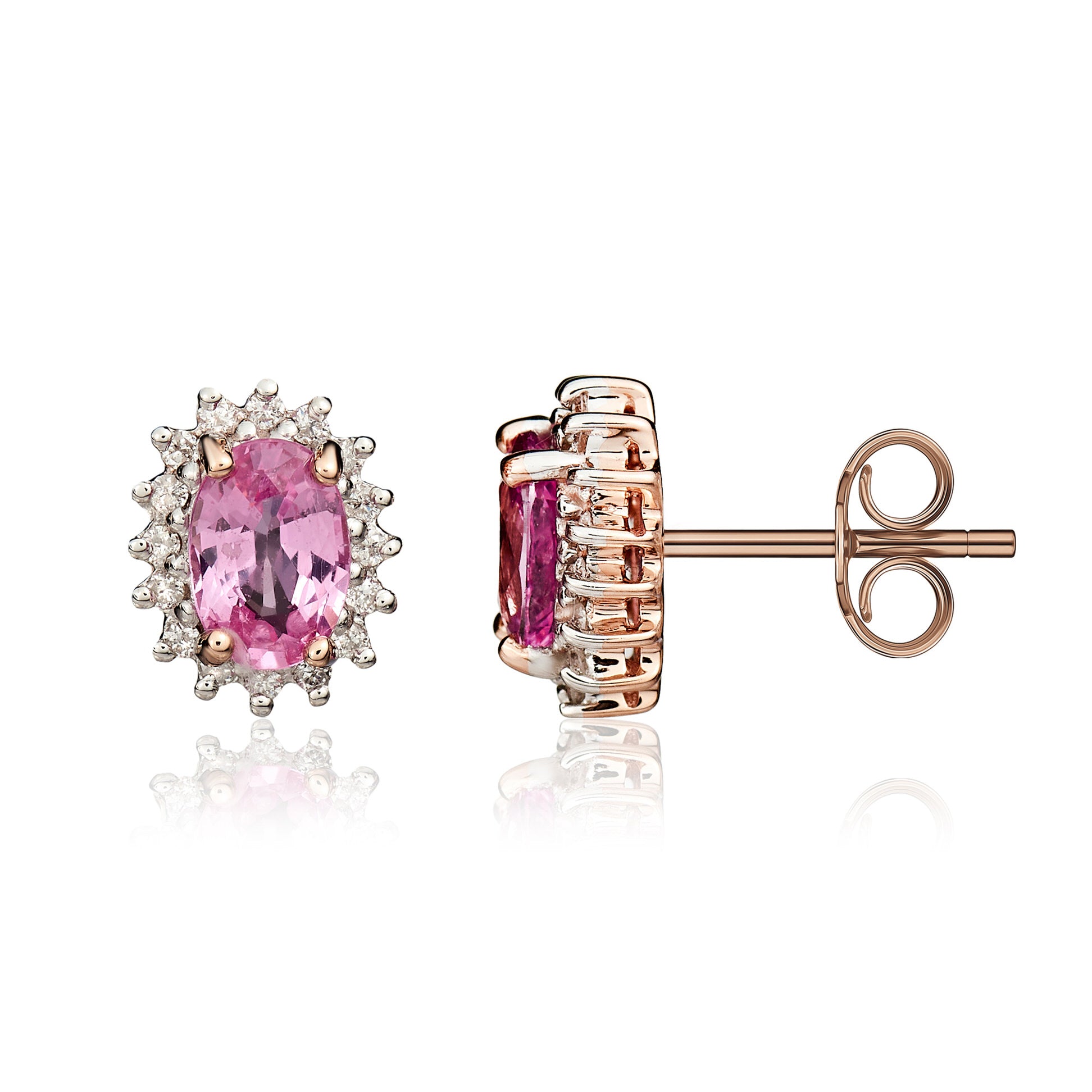 9ct Rose Gold Oval Pink Sapphire and Diamond Claw Cluster Earrings Rhodium to Diamonds Stones Unavailable So Cannot Order