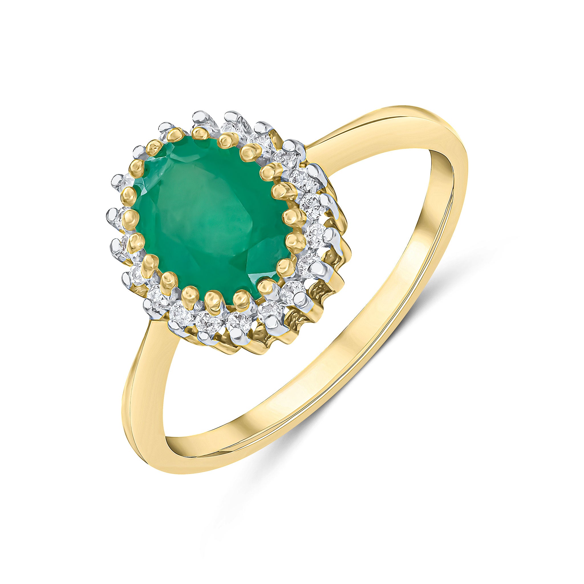 9ct Yellow Gold 8x6 Oval Emerald & Diamond Claw Set Cluster Ring Rhodium to Diamonds
