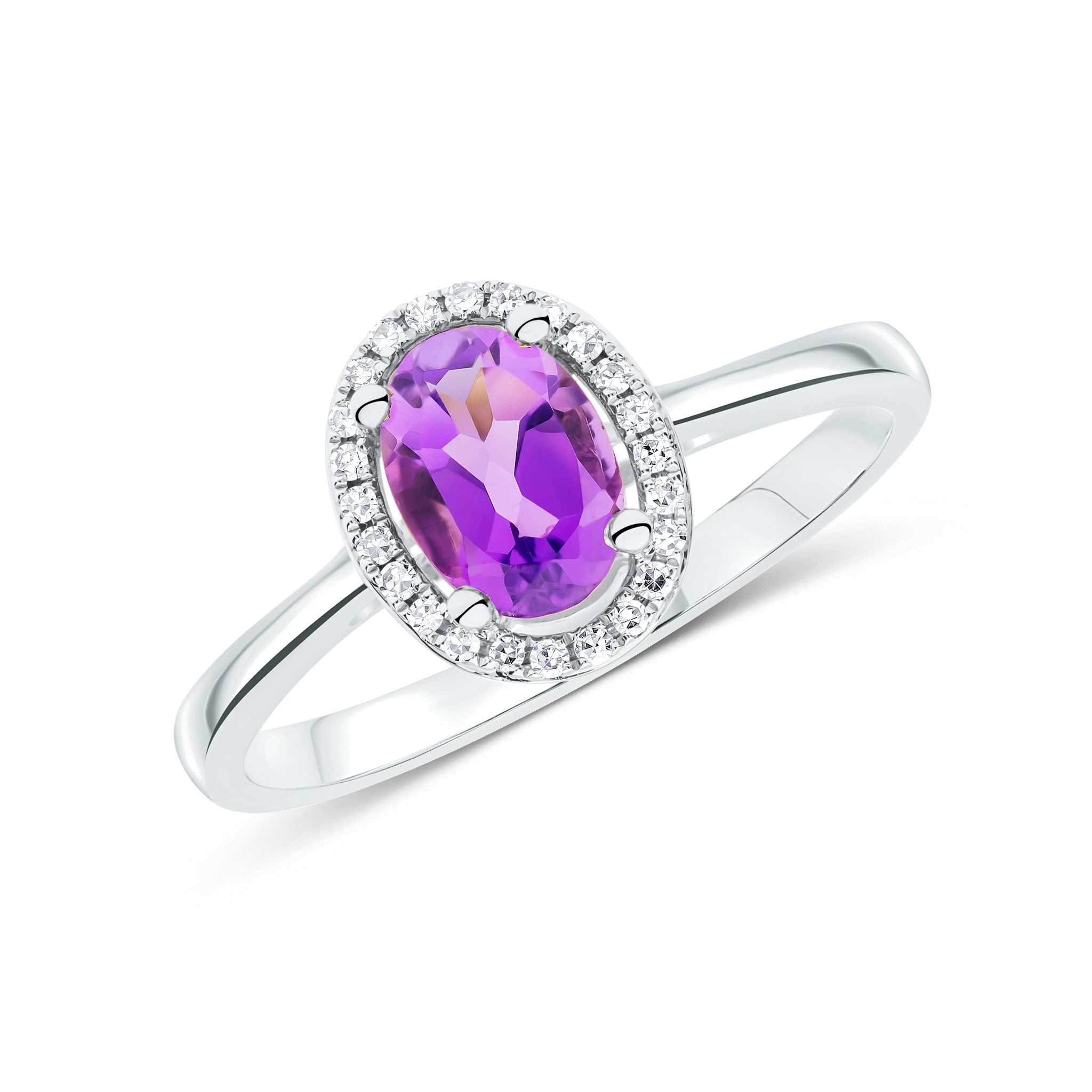 9CT WG 7X5 OVAL AMETHYST & ROUND DIAMOND HALO CLUSTER RING 1