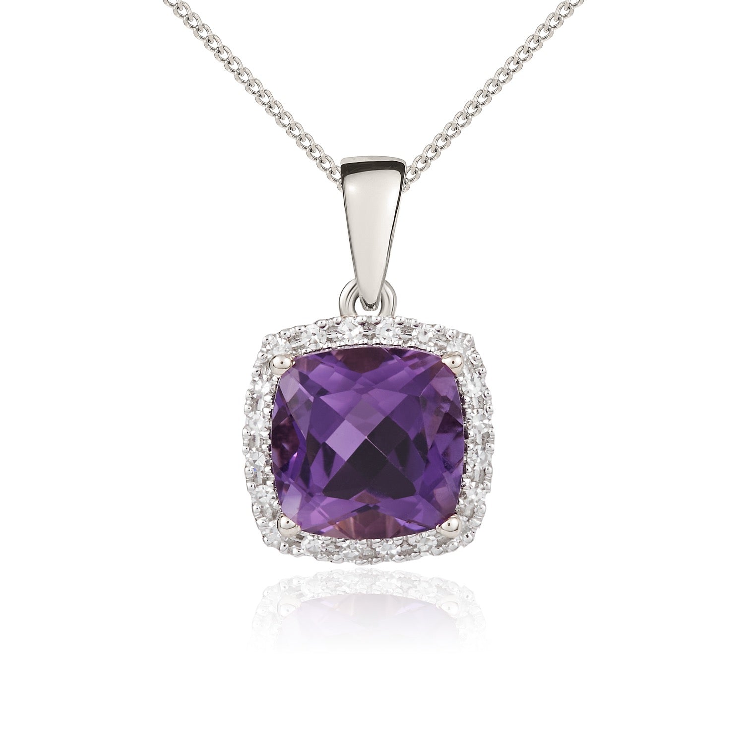 9ct White Gold 8mm Cushion Amethyst and Round Diamond Claw Cluster Pendant