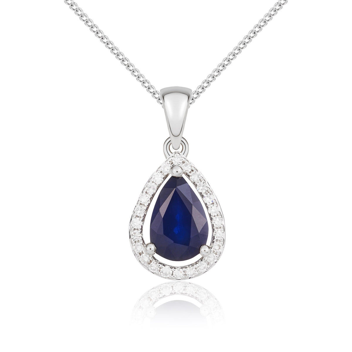 9ct White Gold 7x5 Pear Shape Sapphire & Diamond Halo Claw Cluster Pendant