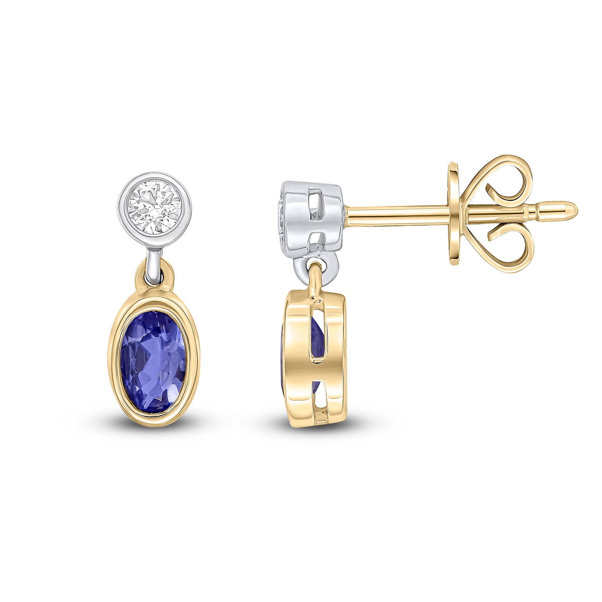 18ct Ywg Oval Tanzanite and Round Diamond 2 Stone Rubover Drop Earrings