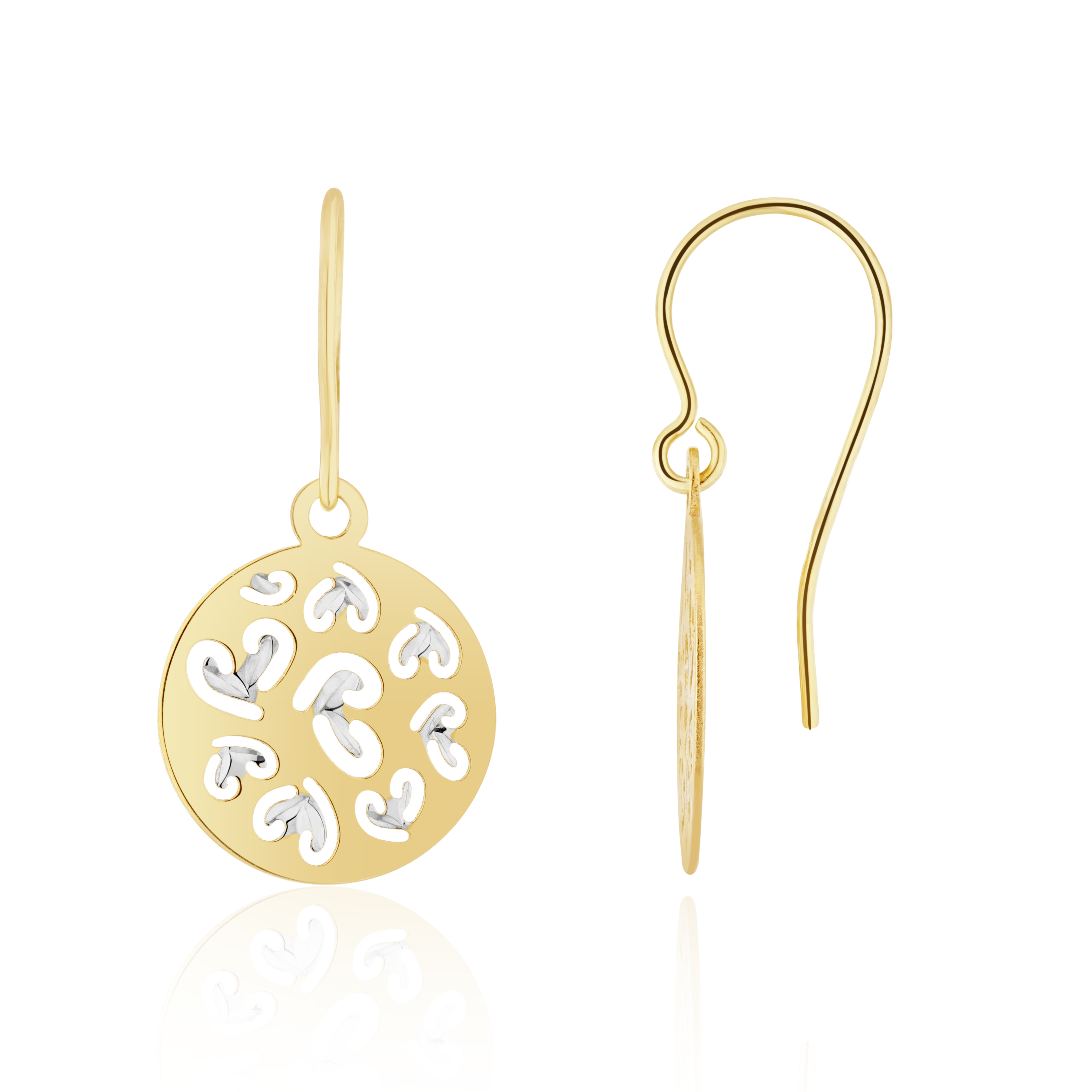 9ct yellow and white gold Diamond Cut Patterned Disc Drop Earrings