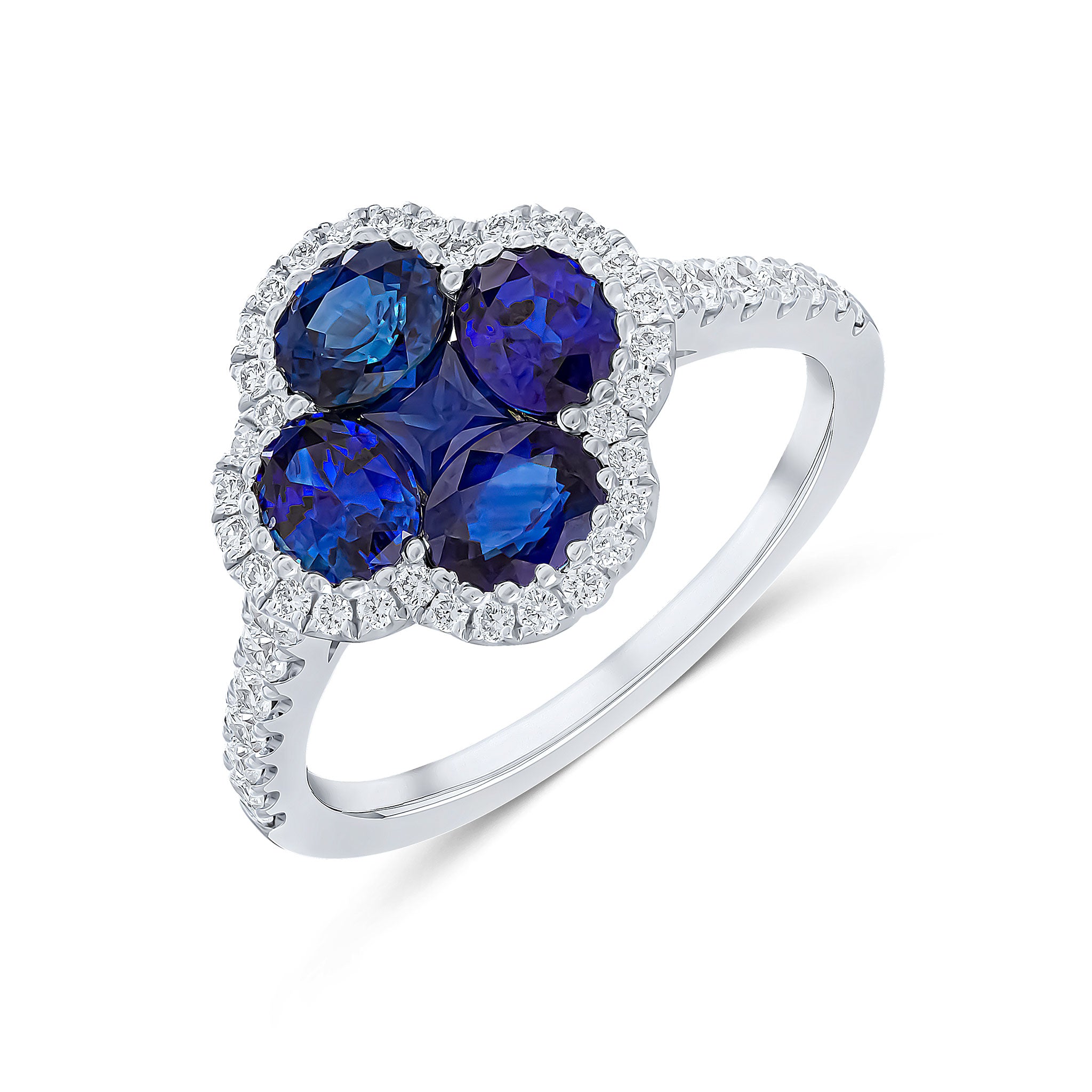 18ct White Gold Oval and Square Sapphire and Diamond Quatrefoil Cluster Ring with Diamond Set Shoulders