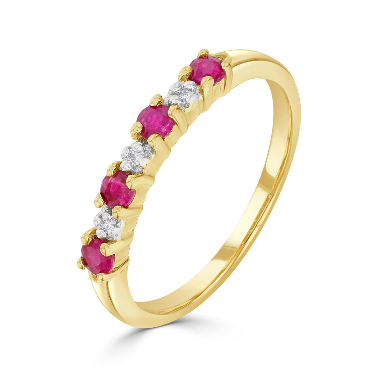 9ct Yellow Gold Round Ruby & Diamond Claw Set 7 Stone Ring