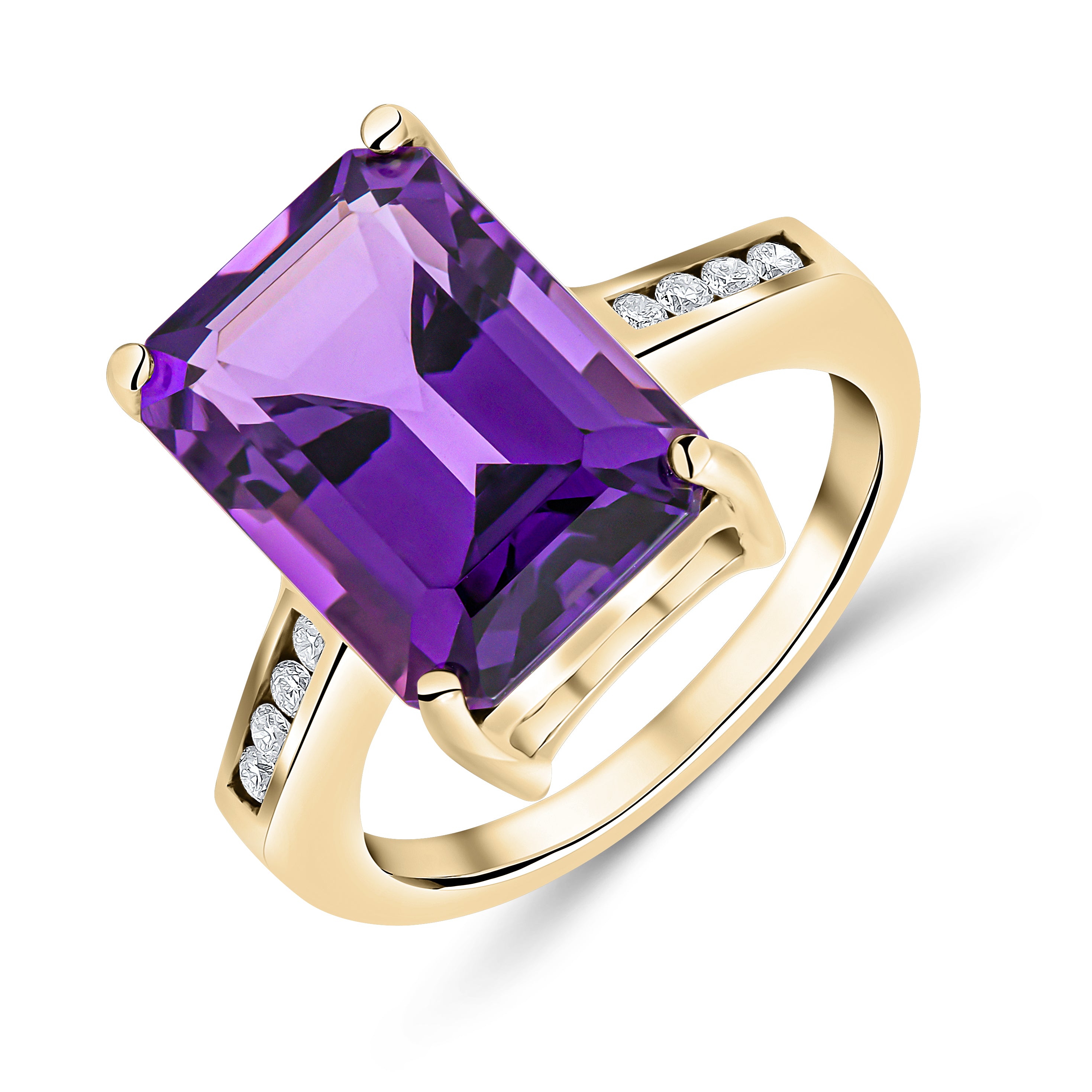 9CT YG CLAW SET 14X10 OCTAGON AMETHYST SINGLE STONE RING WITH DIAMOND CHANNEL SET SHOULDERS 1