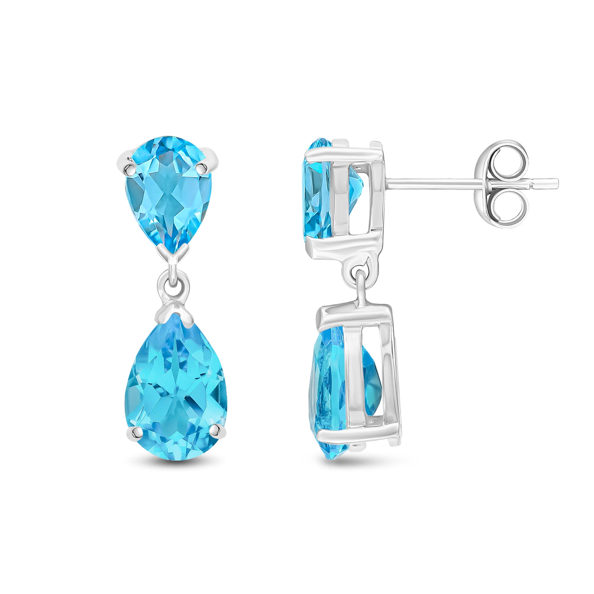 9ct White Gold Pear Shape Swiss Blue Topaz 2 Stone Claw Set Drop Earrings