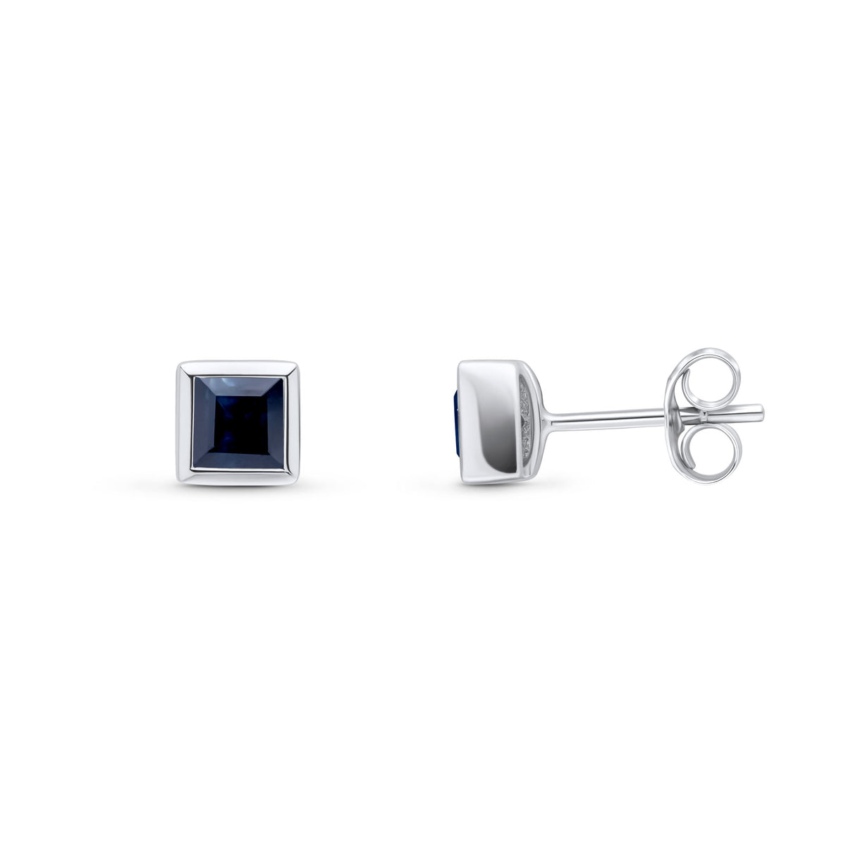 9ct White Gold 4mm Square Sapphire Rubover Set Earrings