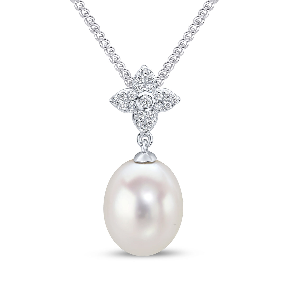 18ct White Gold Cfw Pearl and Diamond Flower Star Top Pendant