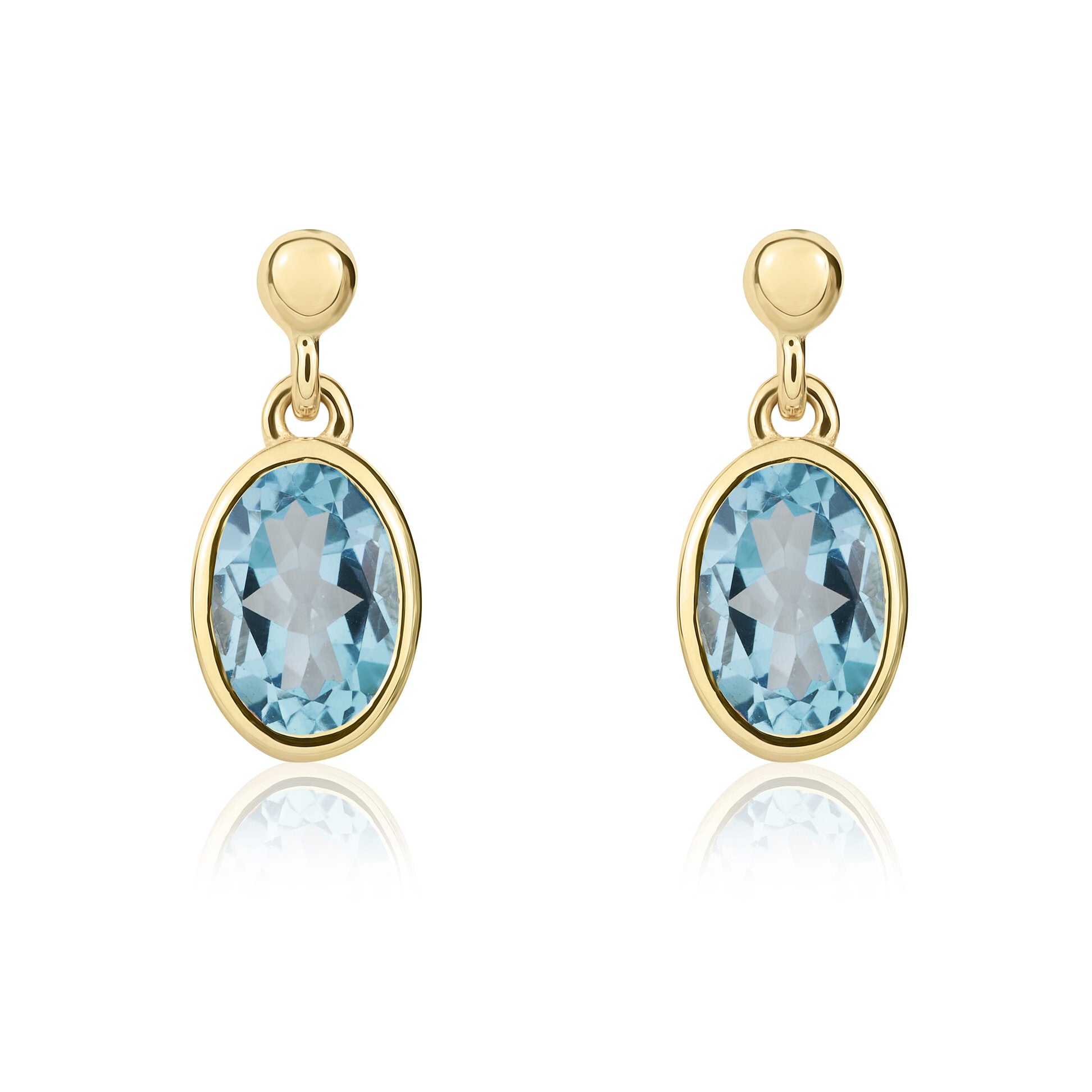 9ct yellow gold 6 x 4 mm oval Swiss Blue Topaz rubover Drop Earrings With 2.5mm