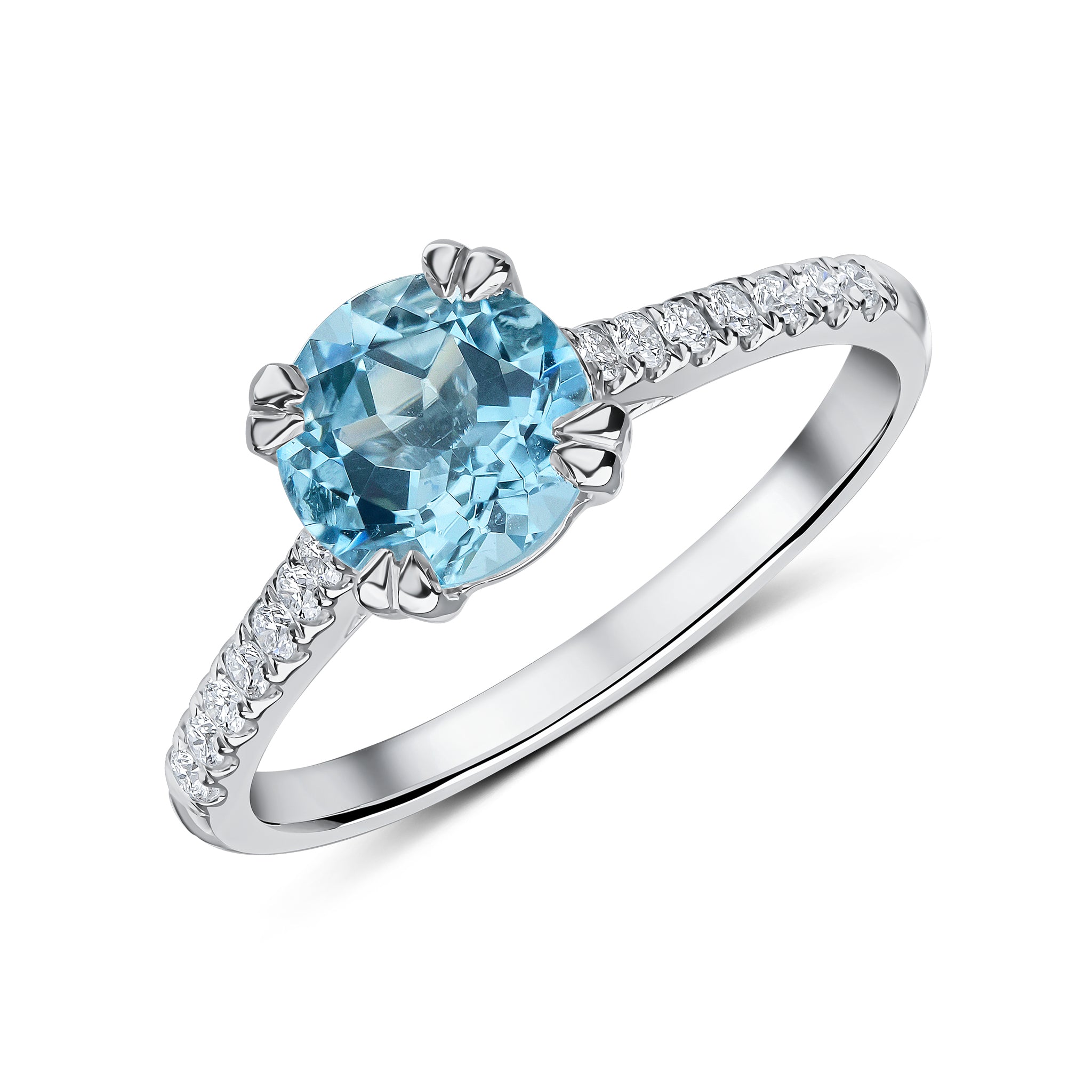 18ct White Gold 7mm Round Aquamarine Single Stone Ring with Diamond Set Shoulders