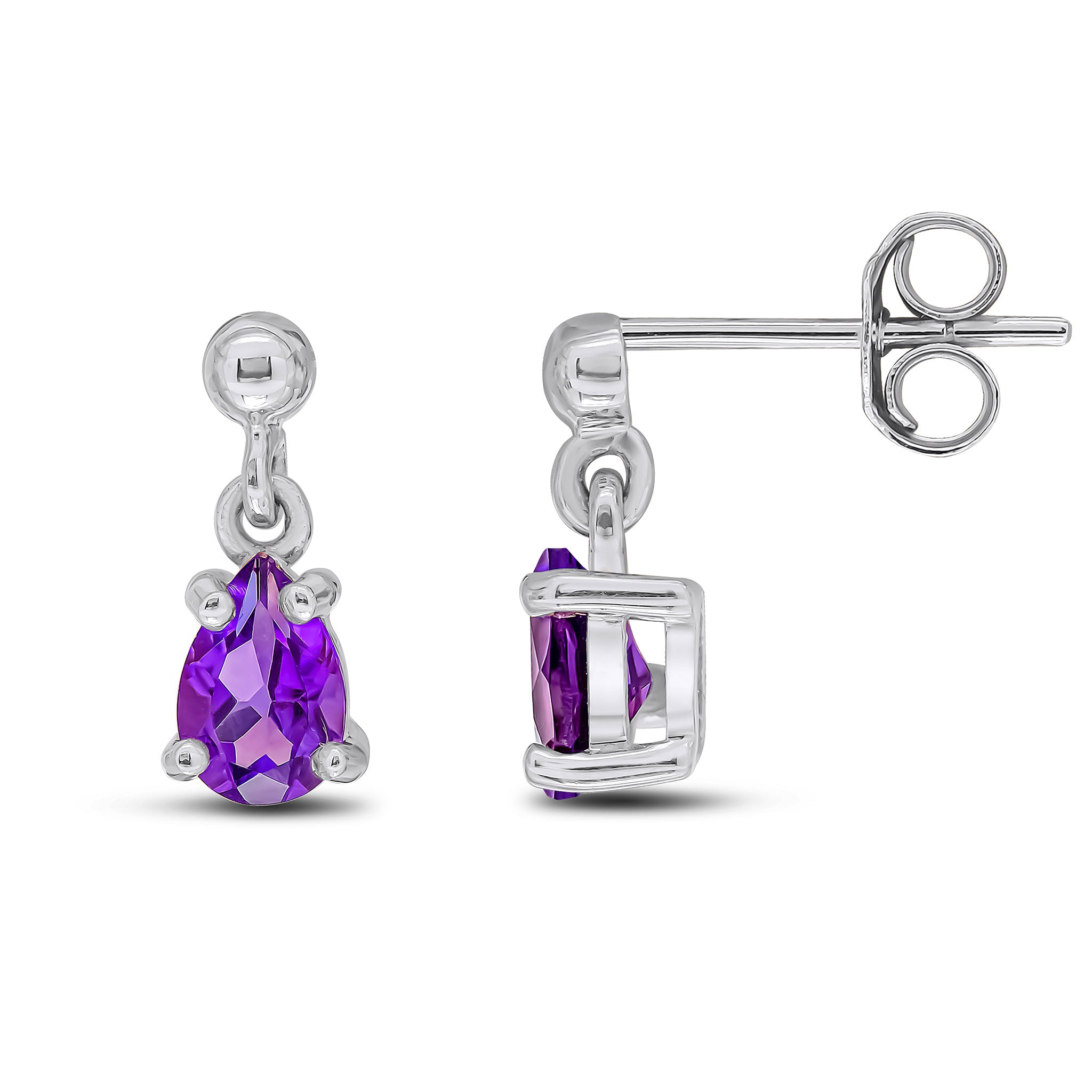 9ct white gold 6 x 4 mm pear shape Amethyst Claw Set Drop Earrings With Bead Stud