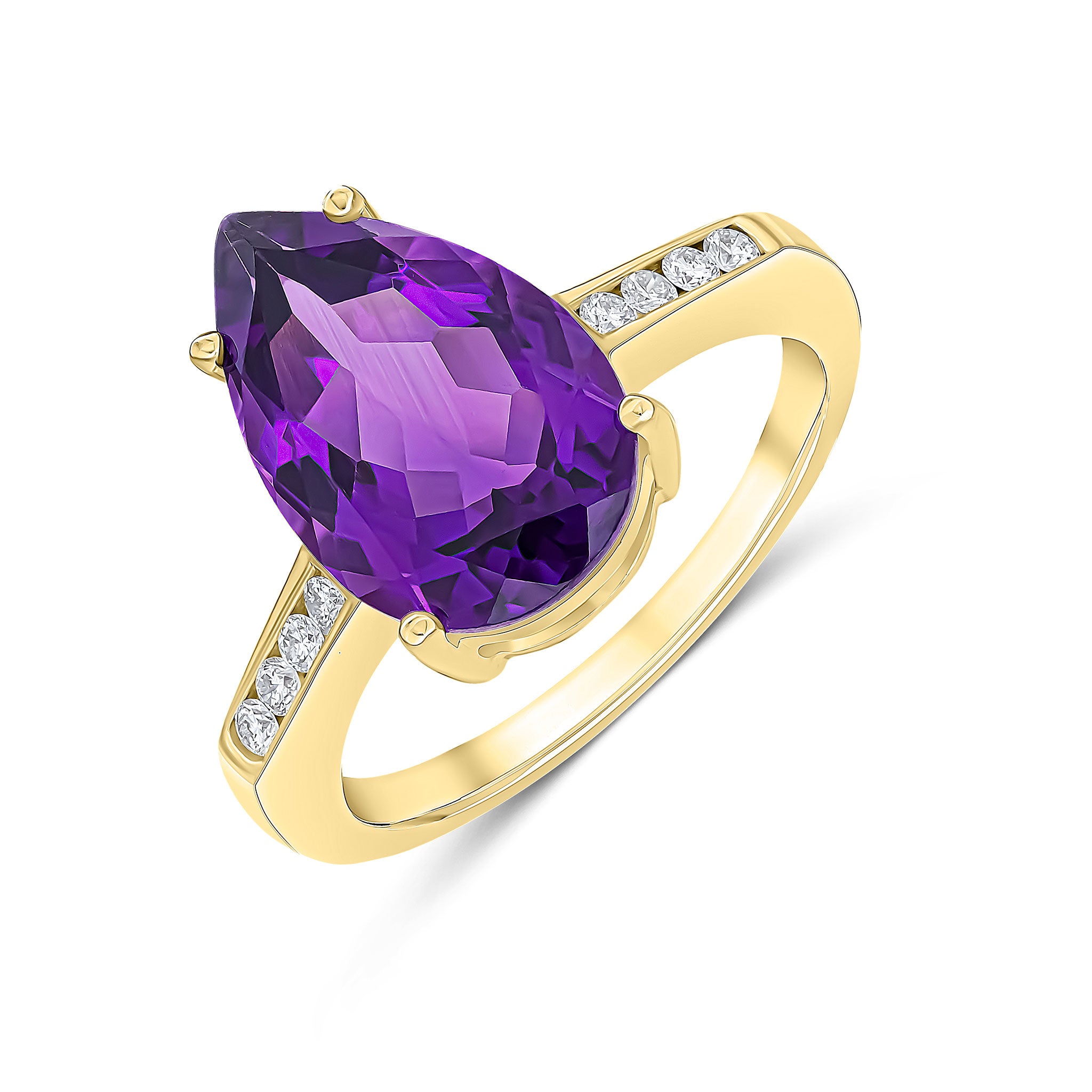 9ct Yellow Gold 14x9 Pear Shape Amethyst Single Stone Ring with Channel Set Diamond Shoulders