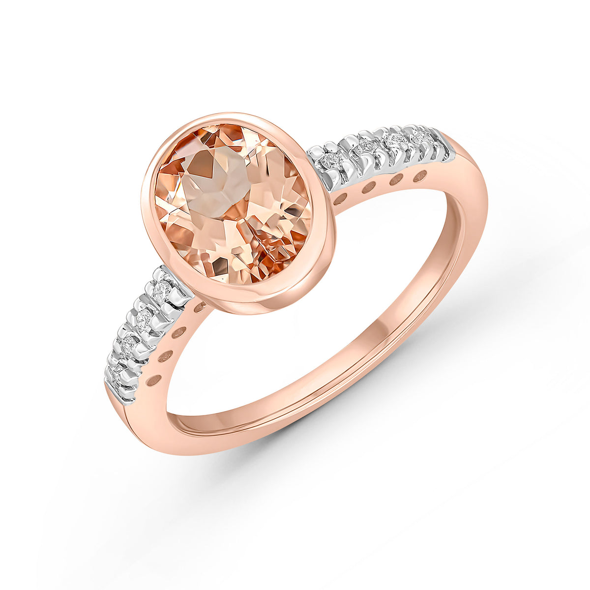 9ct Rose Gold Rubover 9x7 Oval Morganite Single Stone Ring with Claw Set Diamond Shoulders