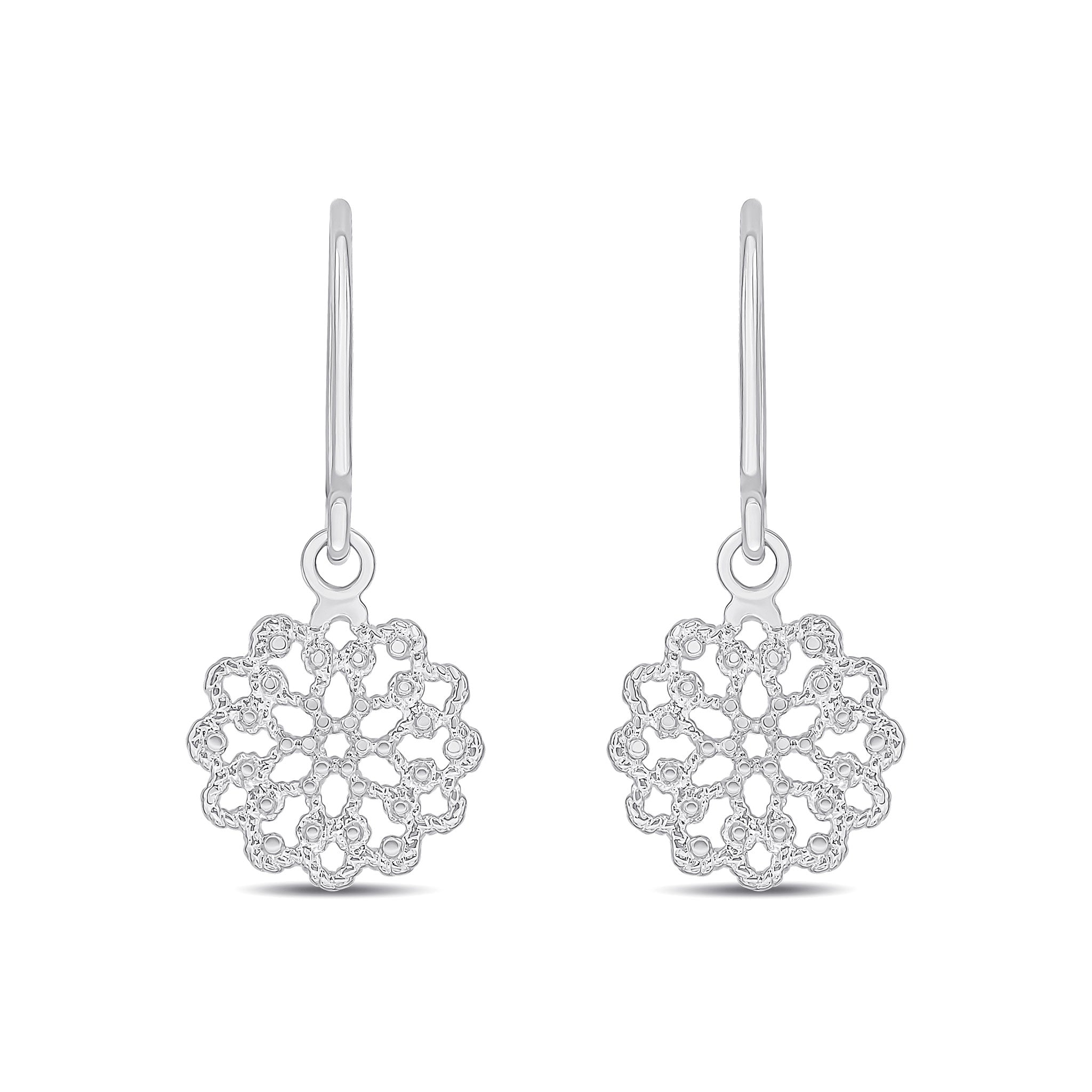 9ct White Gold Round Flower Filligree Drop Earrings With Shepherounds