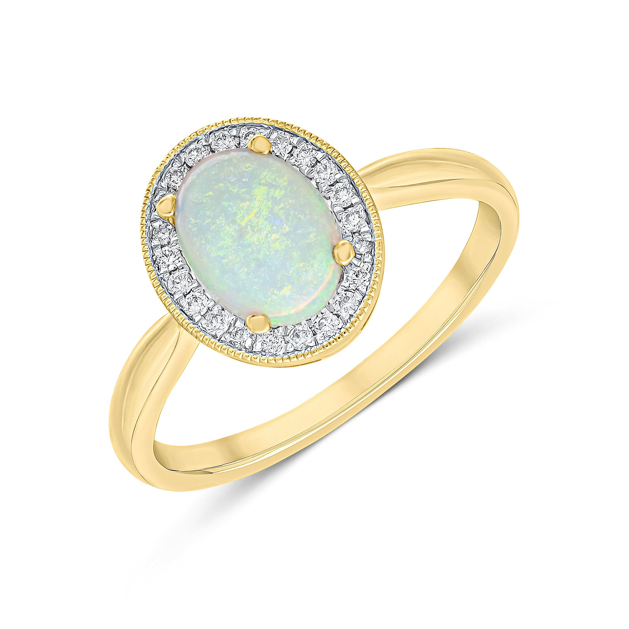 18ct Yellow Gold Claw Set 8x6mm Oval Opal and Diamond Cluster Ring Milgrain Edge
