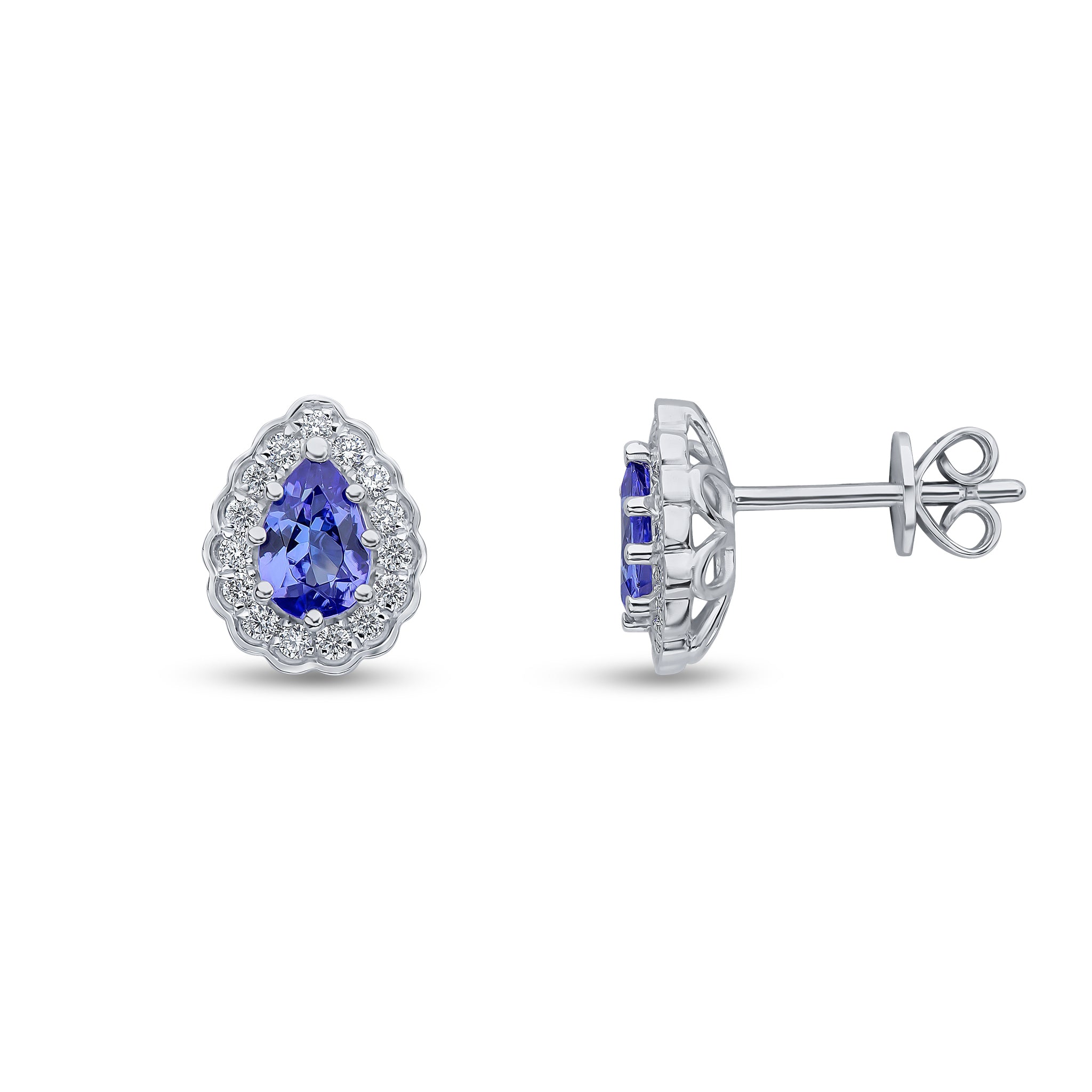 18ct White Gold Claw Set 6x4 Pear Shape Tanzanite and Round Diamond Scalloped Edge Cluster Earrings