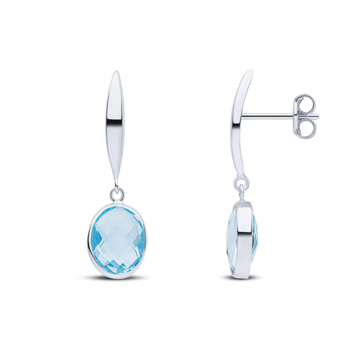 9ct White Gold Polished Marquise Bar Top with Checkerboard Cut Oval Blue Topaz Drop Earrings