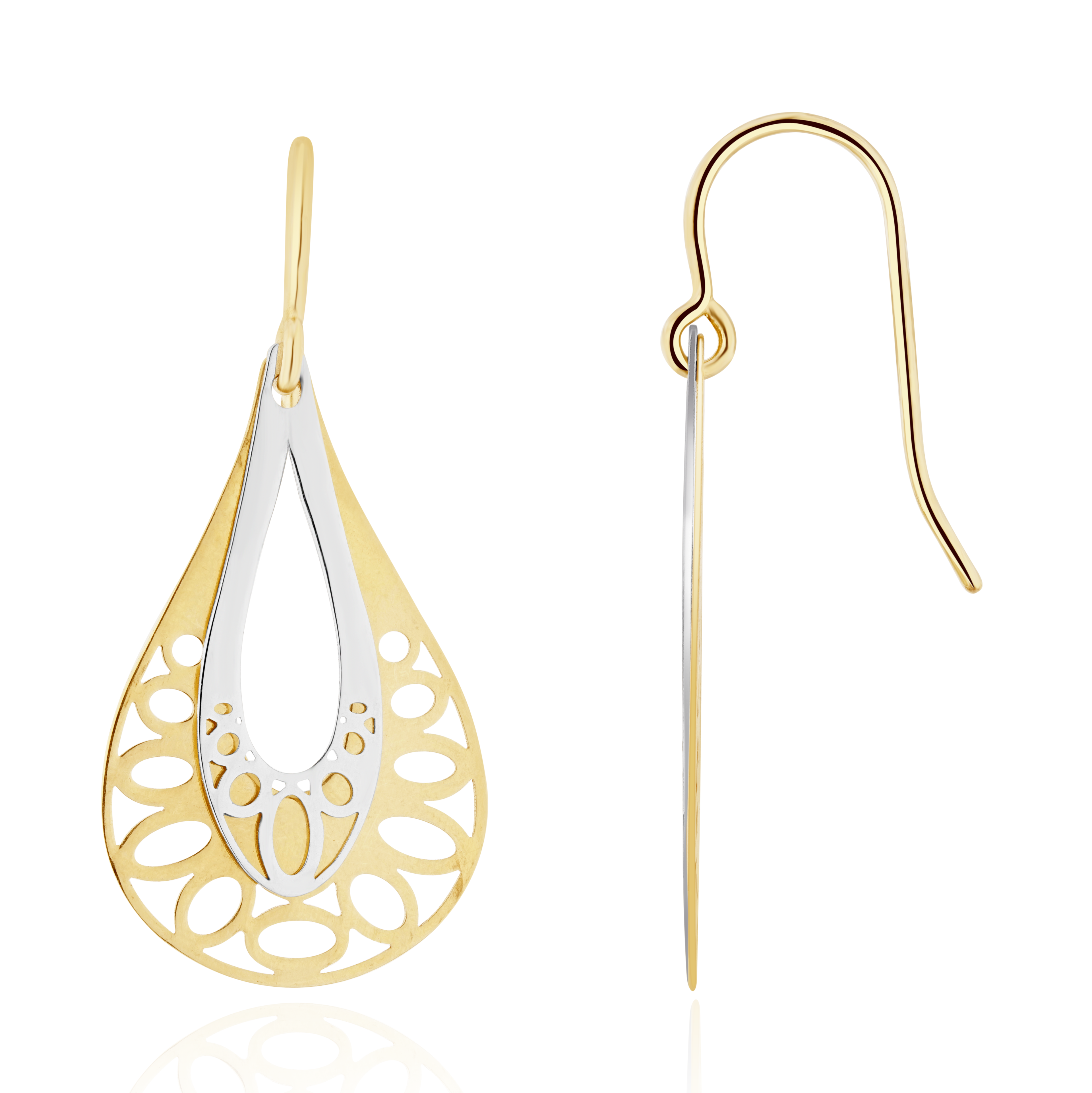 9ct Two Tone White Yellow Gold Polished Filligree Drop Earrings