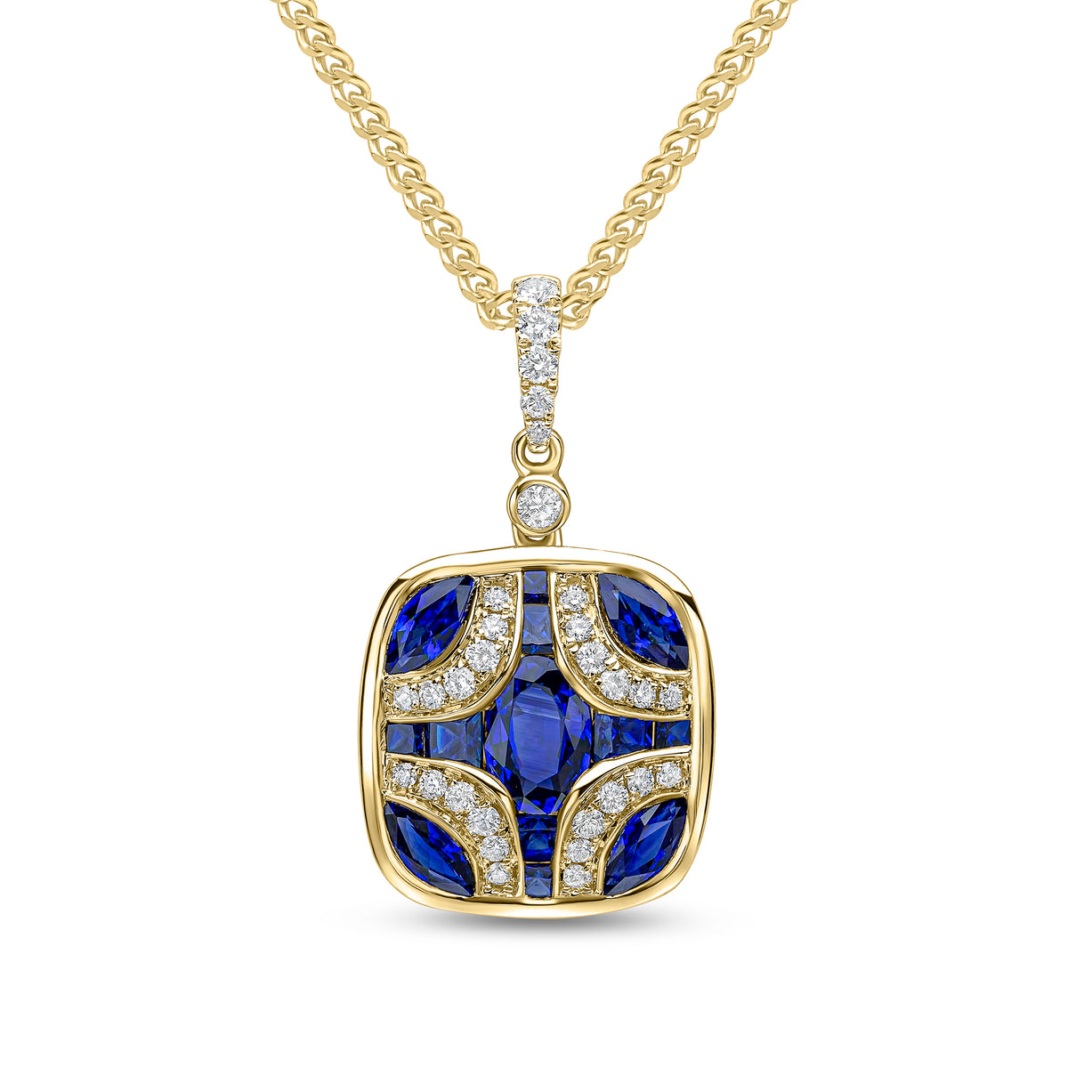 18ct Yellow Gold Sapphire & Diamond Shield Pendant with Diamond Set Loop