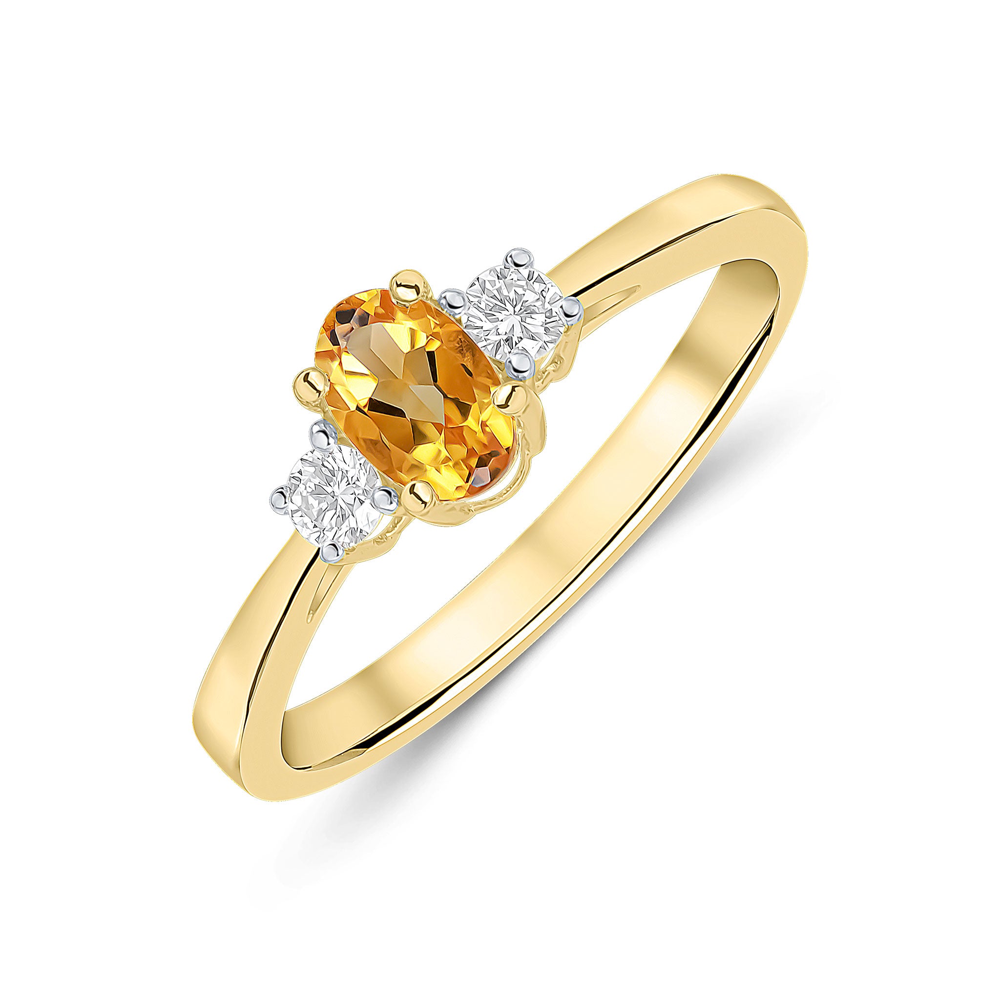9ct Yellow Gold 6x4 Oval Citrine and Round Diamond Claw Set 3 Stone Ring Rhodium to Diamonds