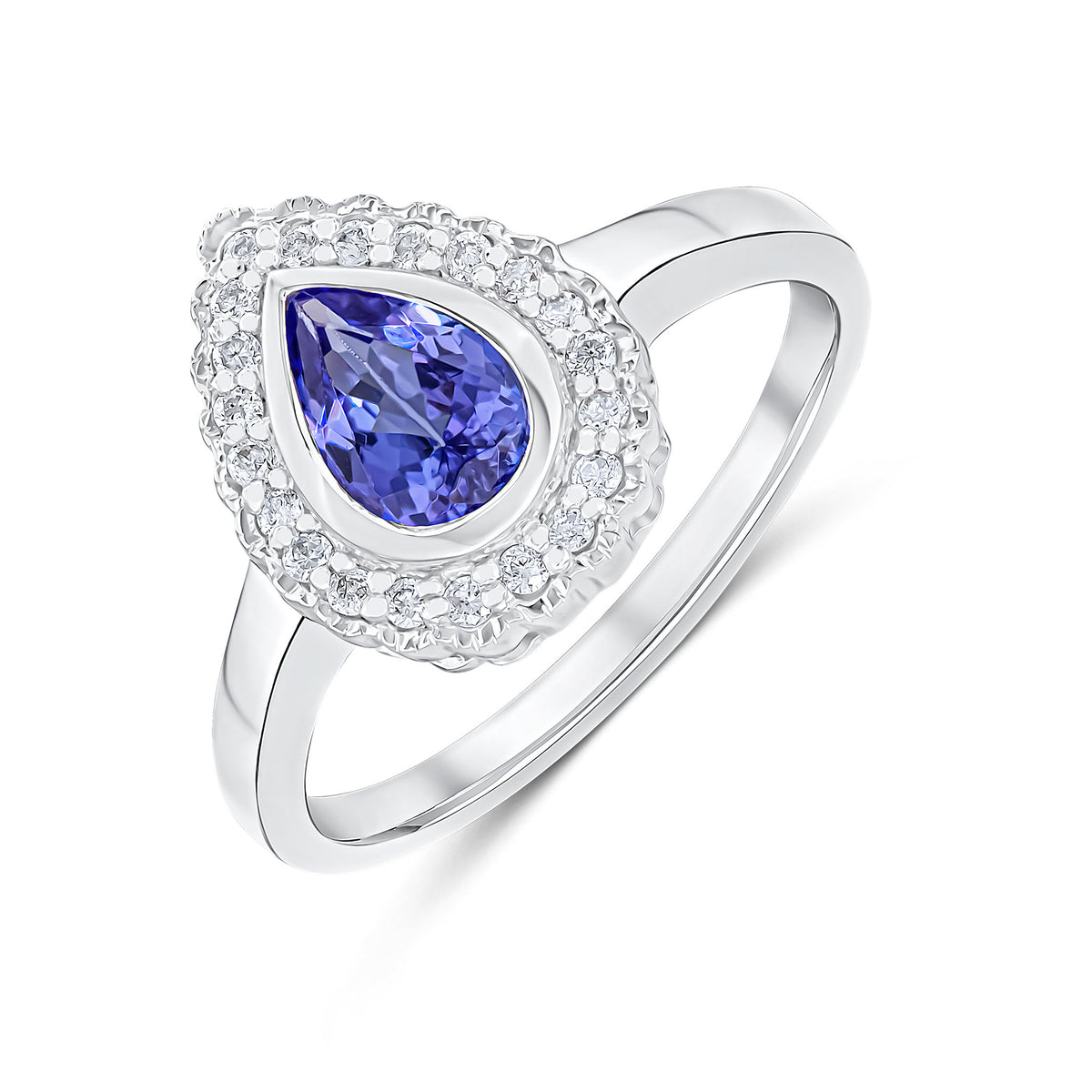9ct White Gold Pear Shape Rubover Tanzanite and Milgrain Round Diamond Cluster Ring