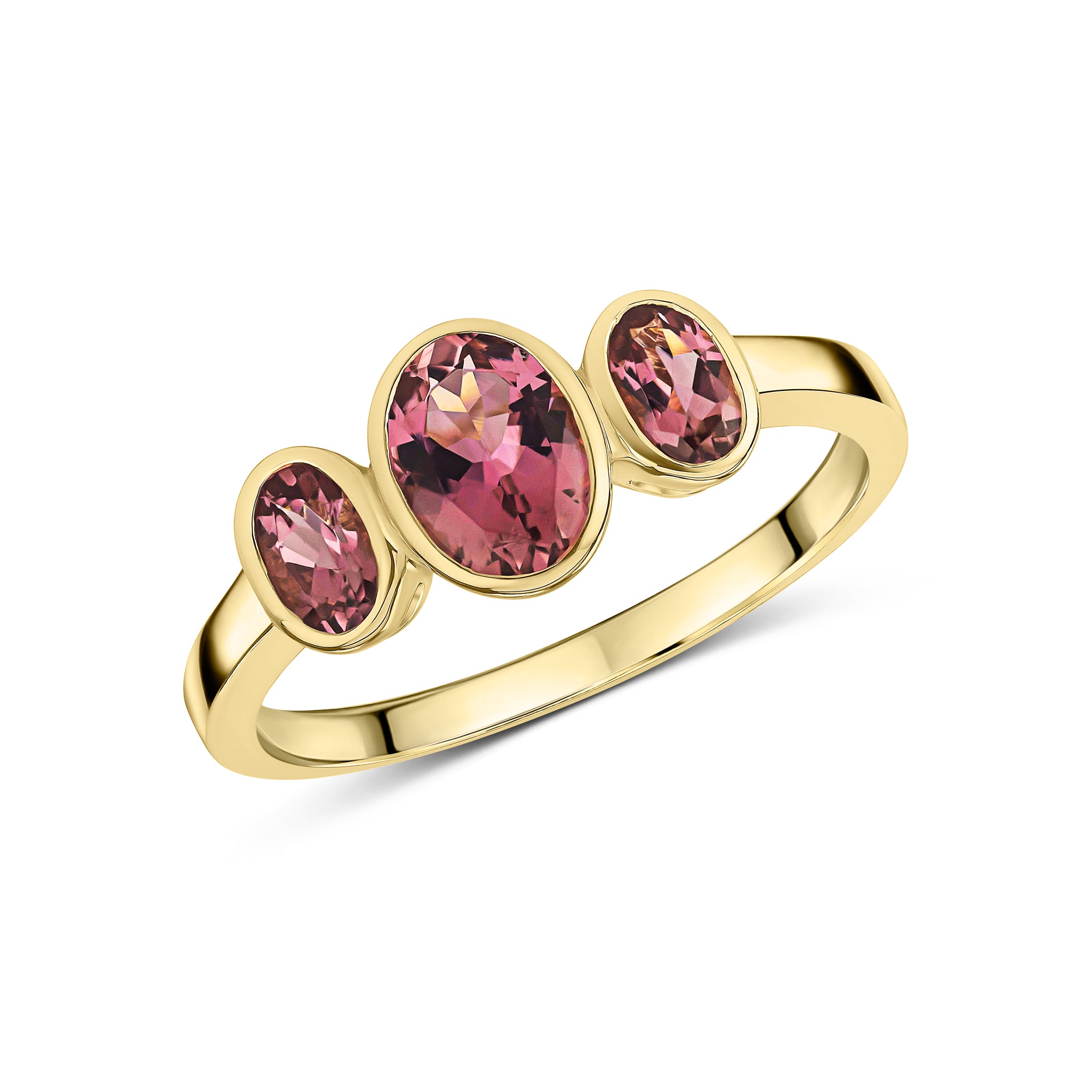 9ct Yellow Gold Oval Pink Tourmaline Rubover Set 3 Stone Ring