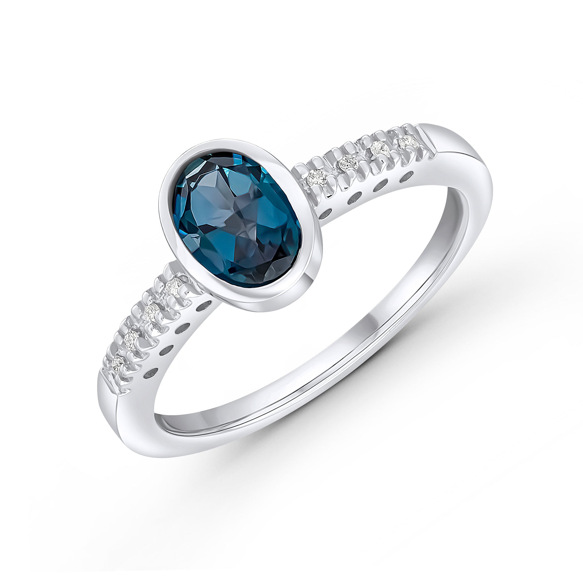 9CT WG RUBOVER 7X5 OVAL LONDON BLUE TOPAZ SINGLE STONE RING WITH CLAW SET DIAMOND SHOULDERS 1