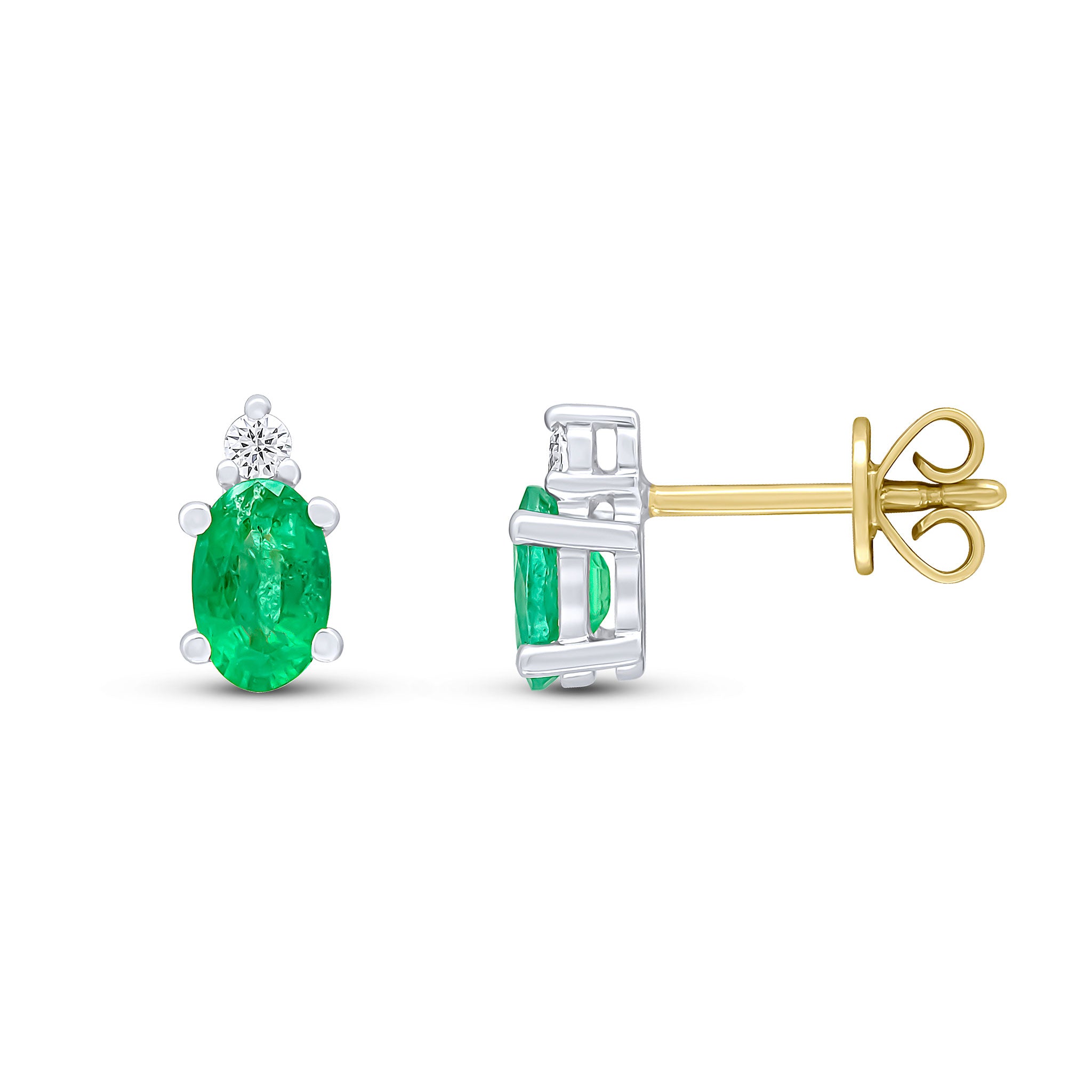 18ct Ywg 6x4 Oval Emerald and Round Diamond Claw 2 Stone Earrings
