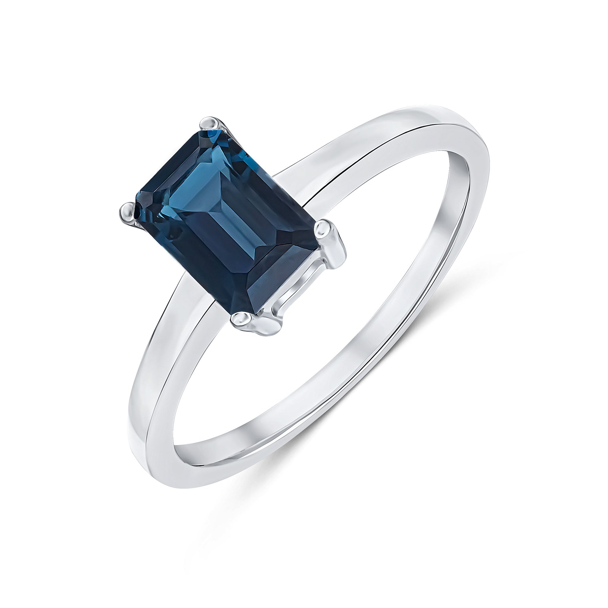 9ct White Gold 7x5mm Octagon London Blue Topaz Claw Set Single Stone Ring
