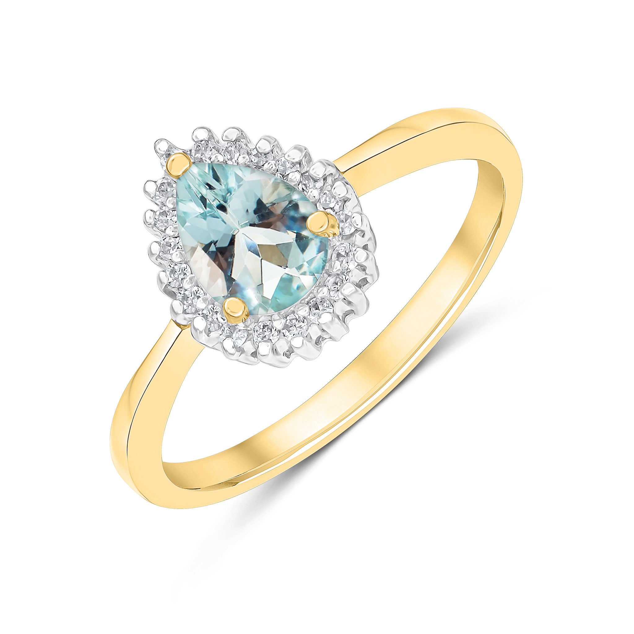 9CT YG 7X5MM PEARSHAPE AQUA & DIAMOND CLAW SET CLUSTER RING. RHODIUM TO DIAMONDS 1