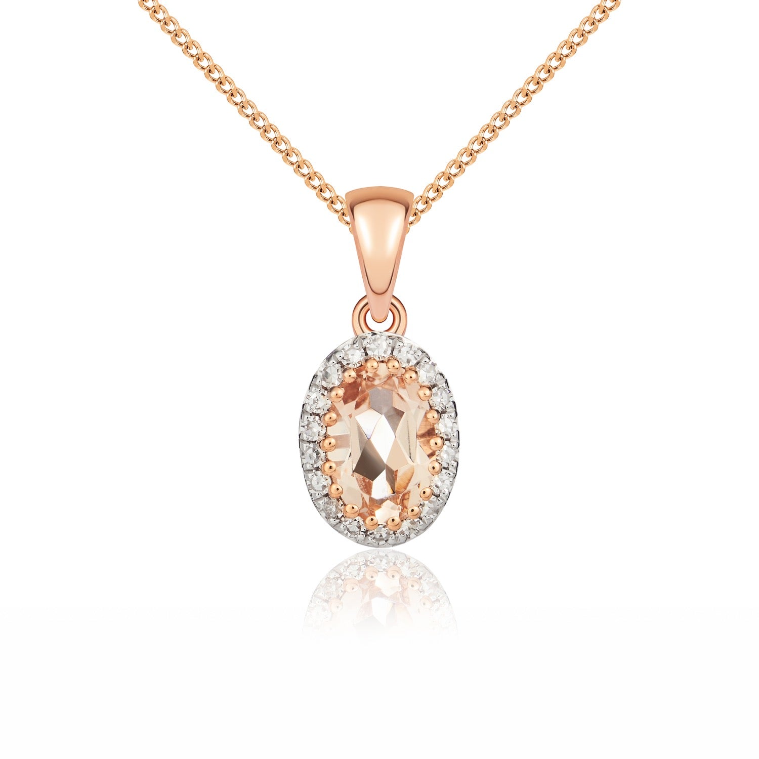 9ct Rose Gold Oval Morganite And Diamond Claw Set Cluster Pendant