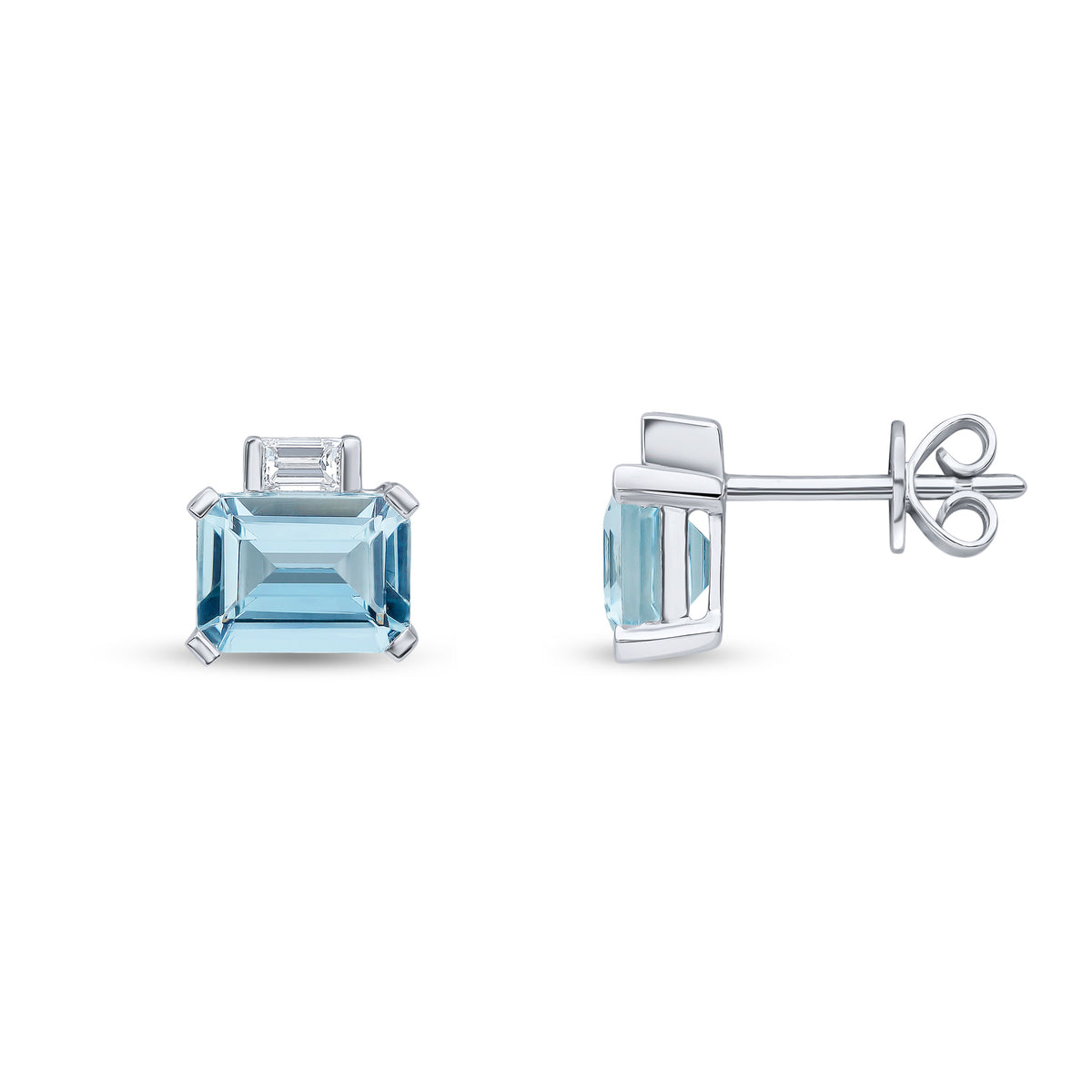 18ct White Gold Octagon Aquamarine and Baguette Diamond 2 Stone Earrings