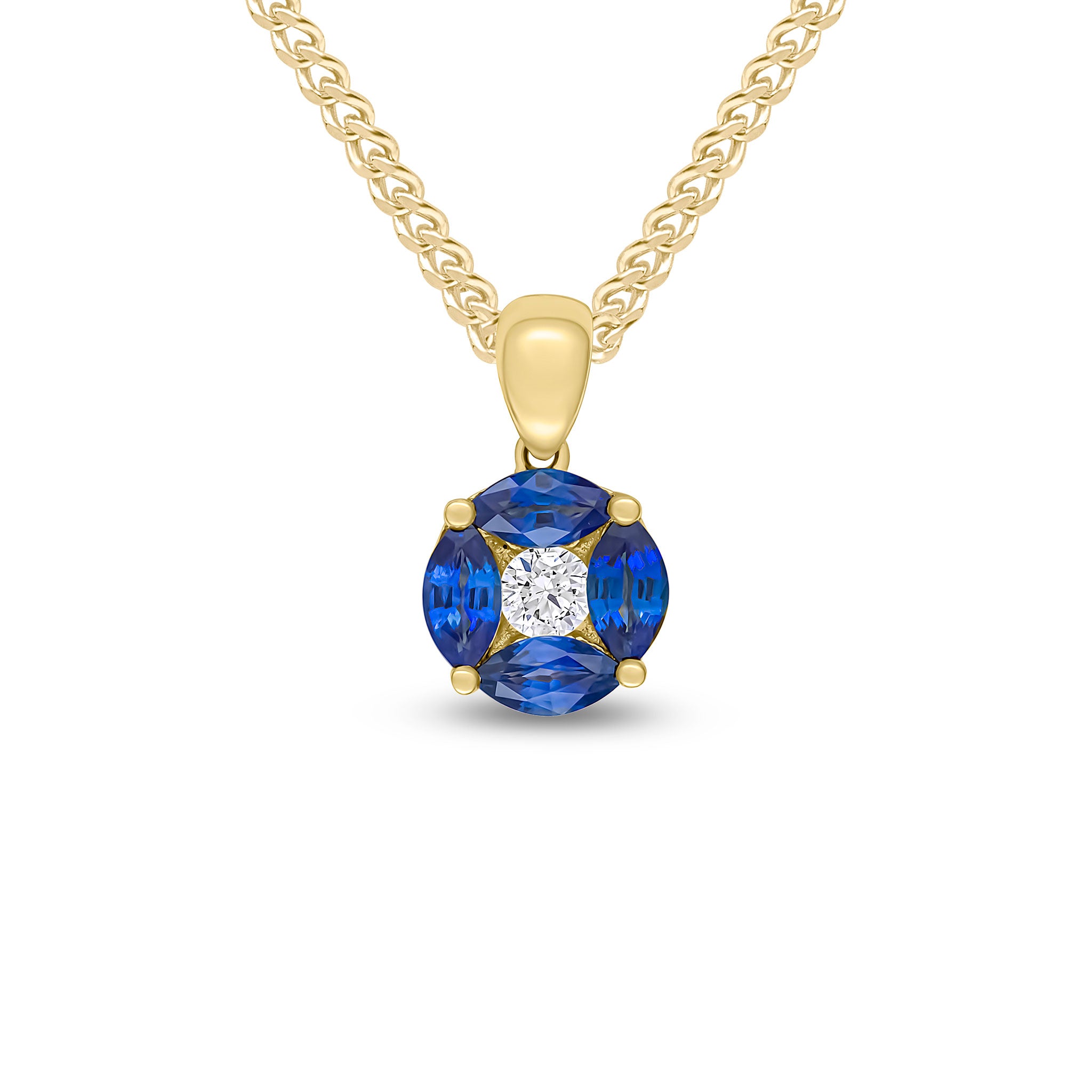18ct Yellow Gold Marquise Sapphire and Round Diamond Claw Set Cluster Pendant with Plain Loop