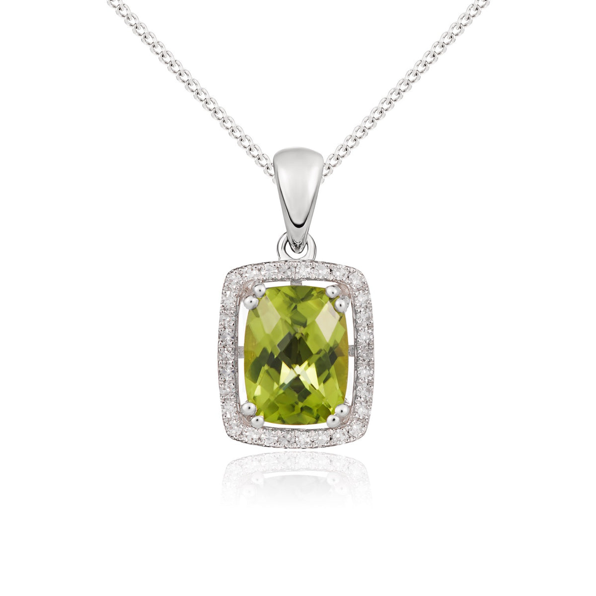9ct White Gold Cushion 8x6 Peridot & Diamond Cluster Claw Pendant