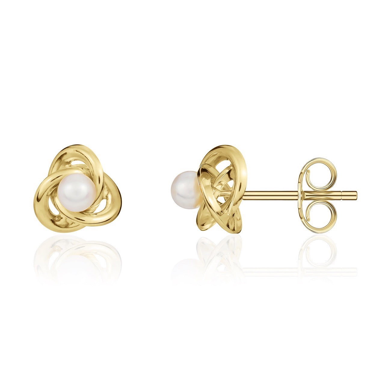 9ct Yellow Gold Knot Stud Earrings With 4mm freshwater cultured pearl