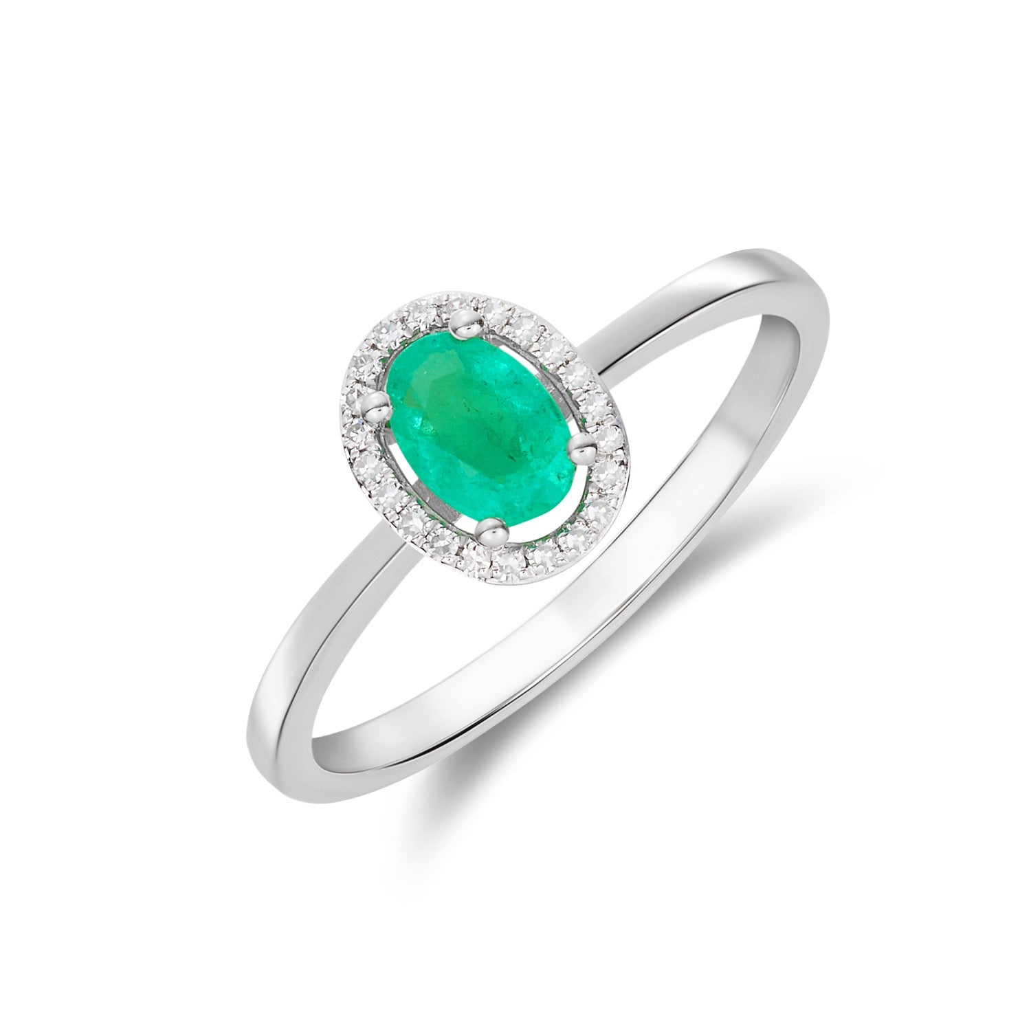 9CT WG 6X4 OVAL EMERALD AND ROUND DIAMOND HALO CLUSTER RING 1
