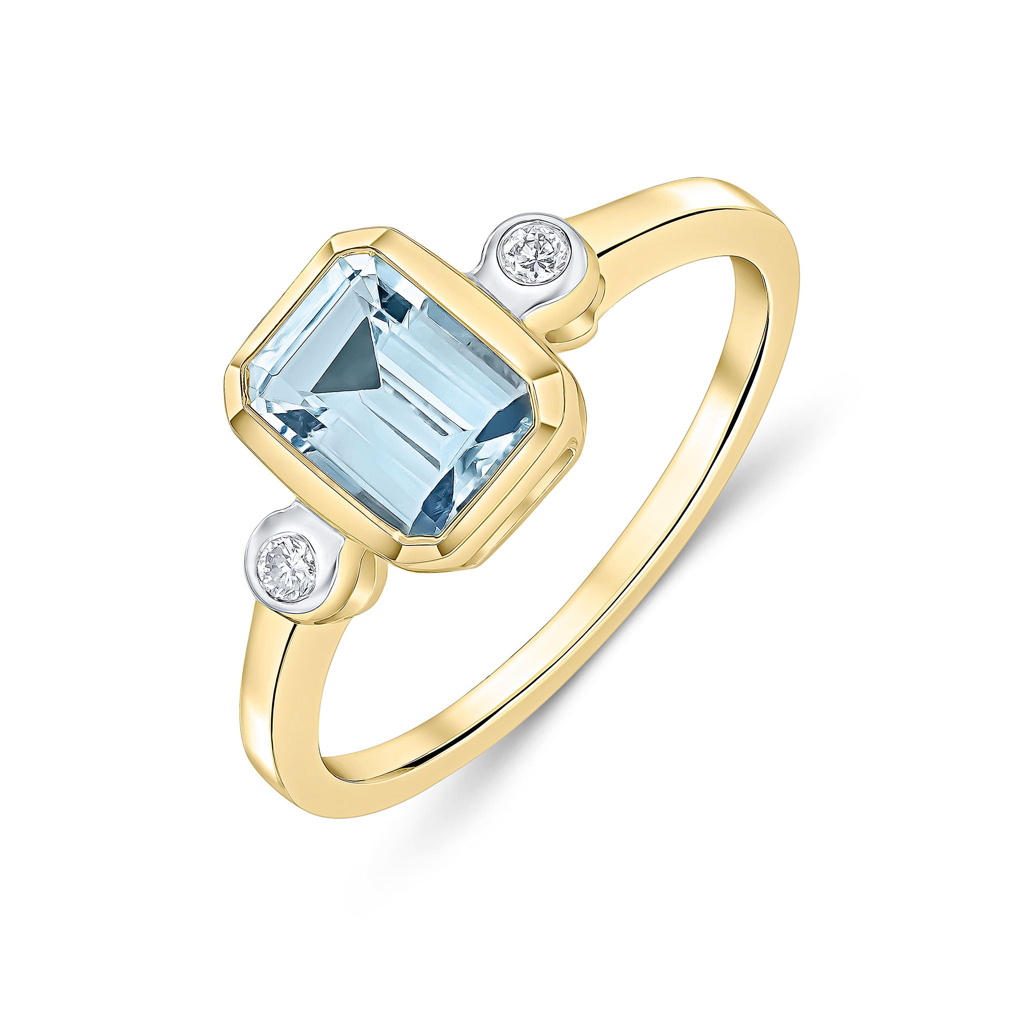 9CT YG 7X5 OCTAGON AQUAMARINE & DIAMOND 3 STONE RING. RHODIUM TO DIAMONDS 1