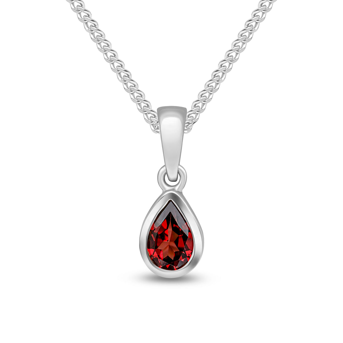 9ct White Gold 6x4 Pear Shape Garnet Rubover Single Stone Pendant