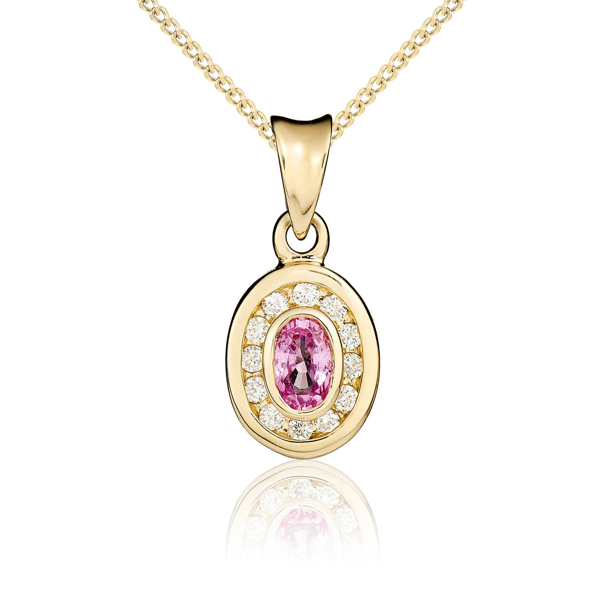 9ct Yellow Gold 5x3 Oval Pink Sapphire & Diamond Cluster Pendant
