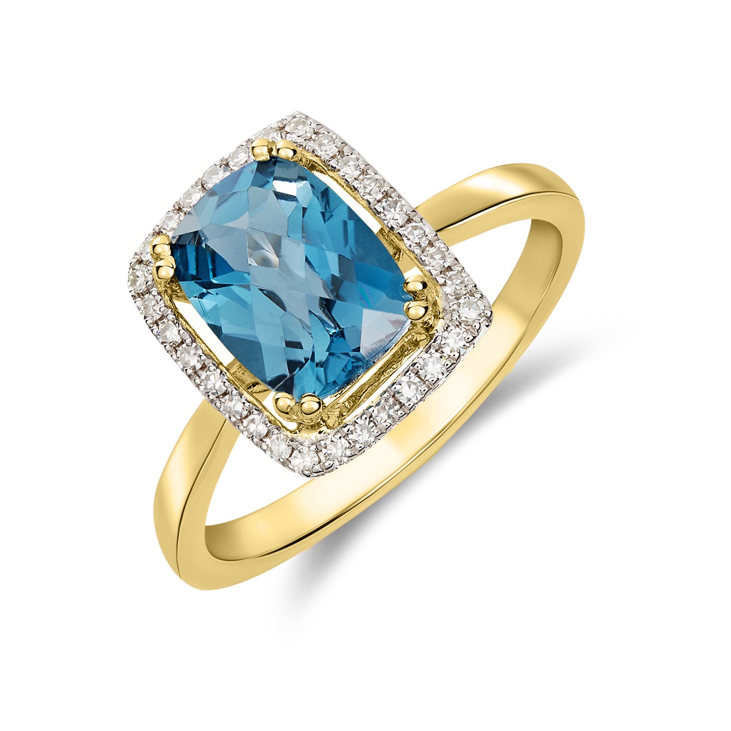 9ct Yellow Gold 8x6 Octagonal Cushion Checkerboard Cut London Blue Topaz and Diamond Halo Cluster Ring Rhodium to Diamonds