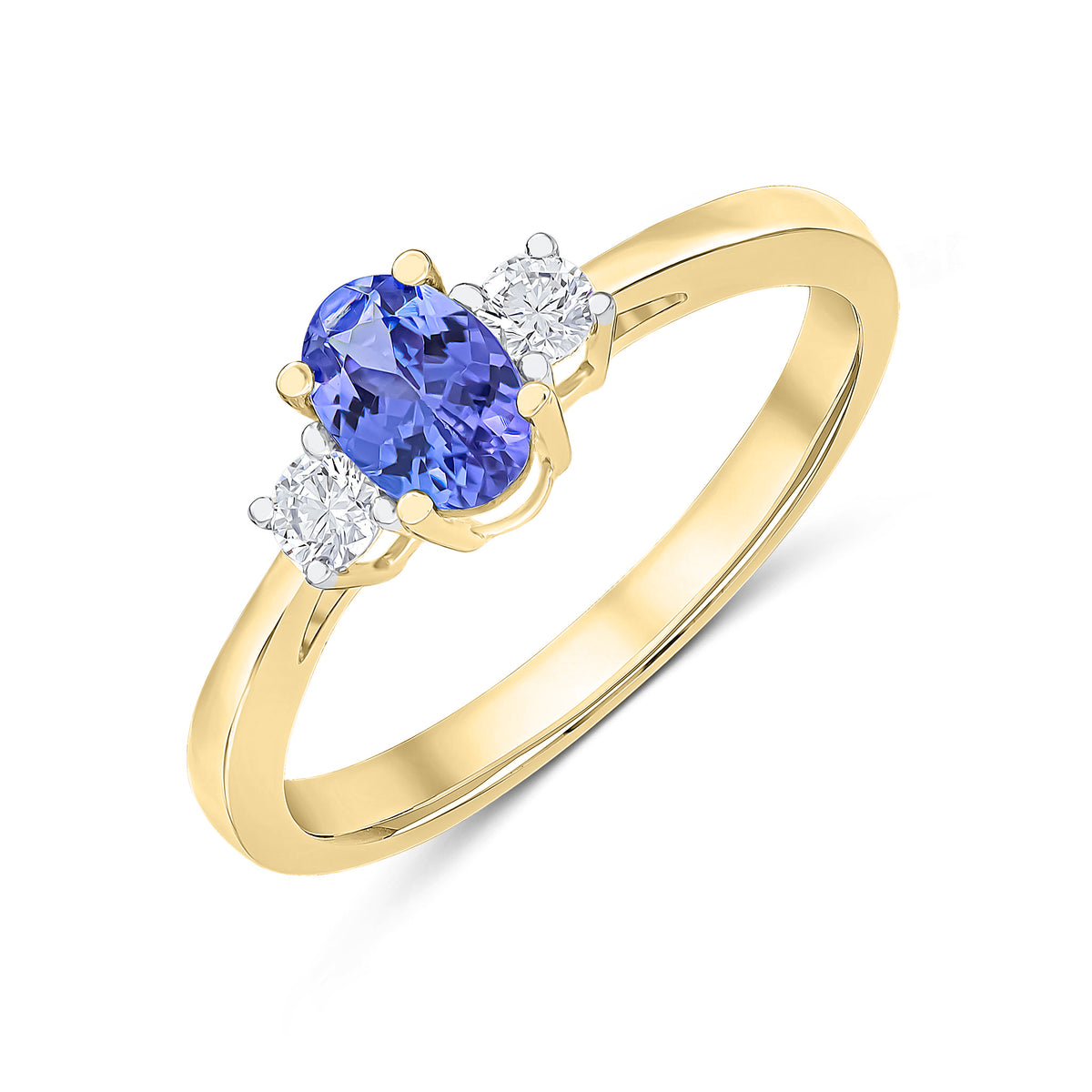 9ct Yellow Gold 6x4 Oval Tanzanite and Round Diamond Claw Set 3 Stone Ring