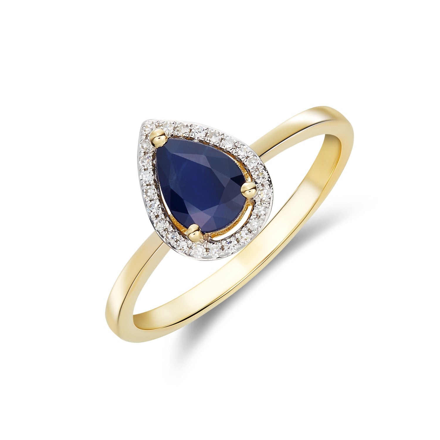 9ct Yellow Gold 7x5 Pear Shape Sapphire & Diamond Halo Claw Cluster Ring Rhodium to Diamonds