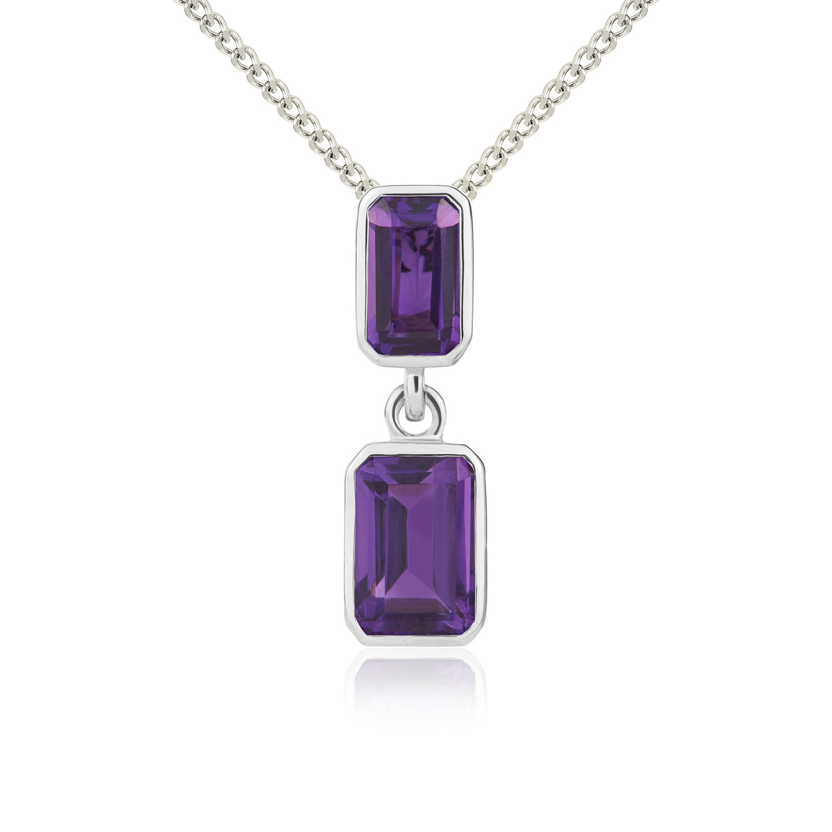 9ct White Gold Octagonal Amethyst Rubover Double Drop Pendant