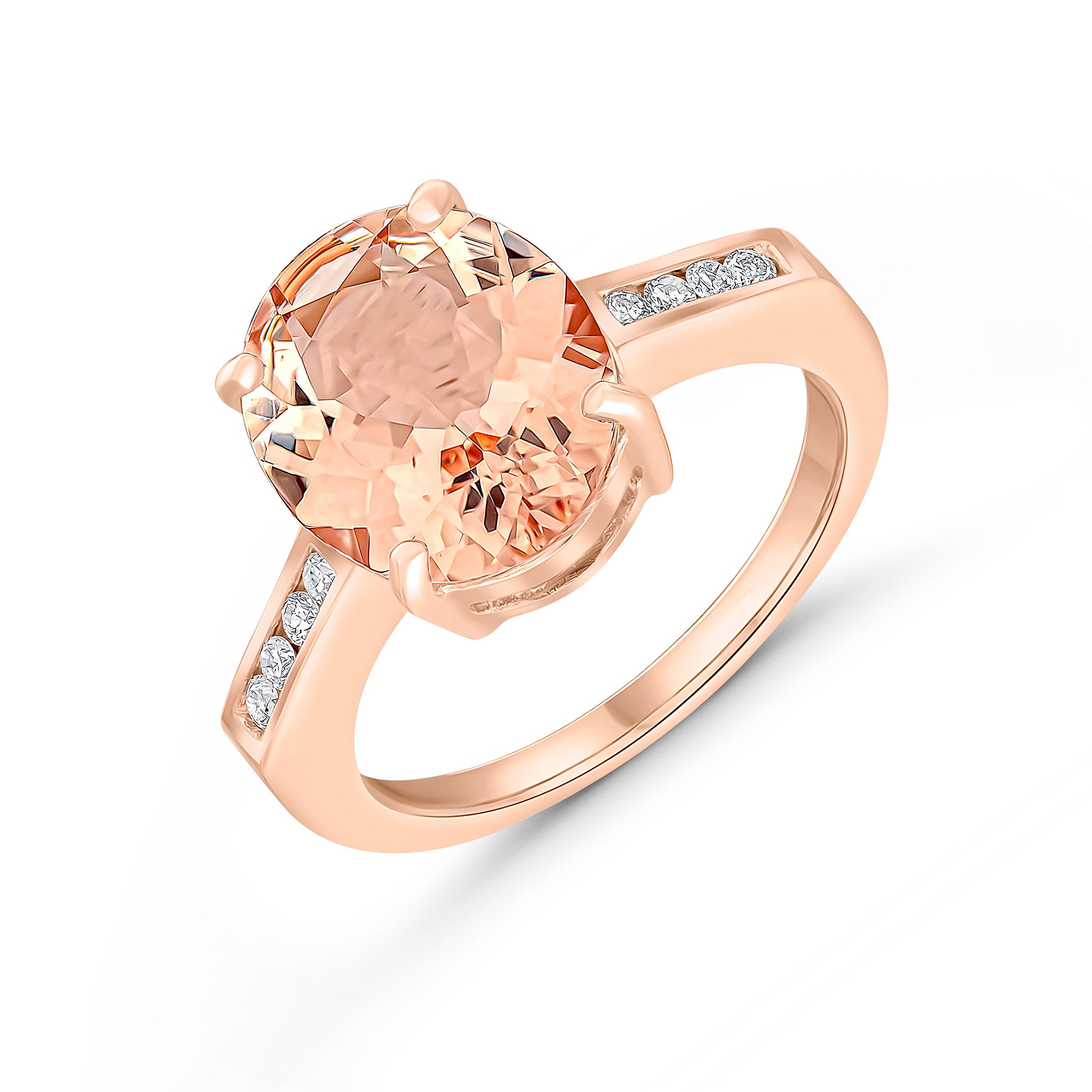 9ct Rose Gold 12x10mm Claw Set Oval Morganite Single Stone Ring with Channel Set Diamond Shoulders