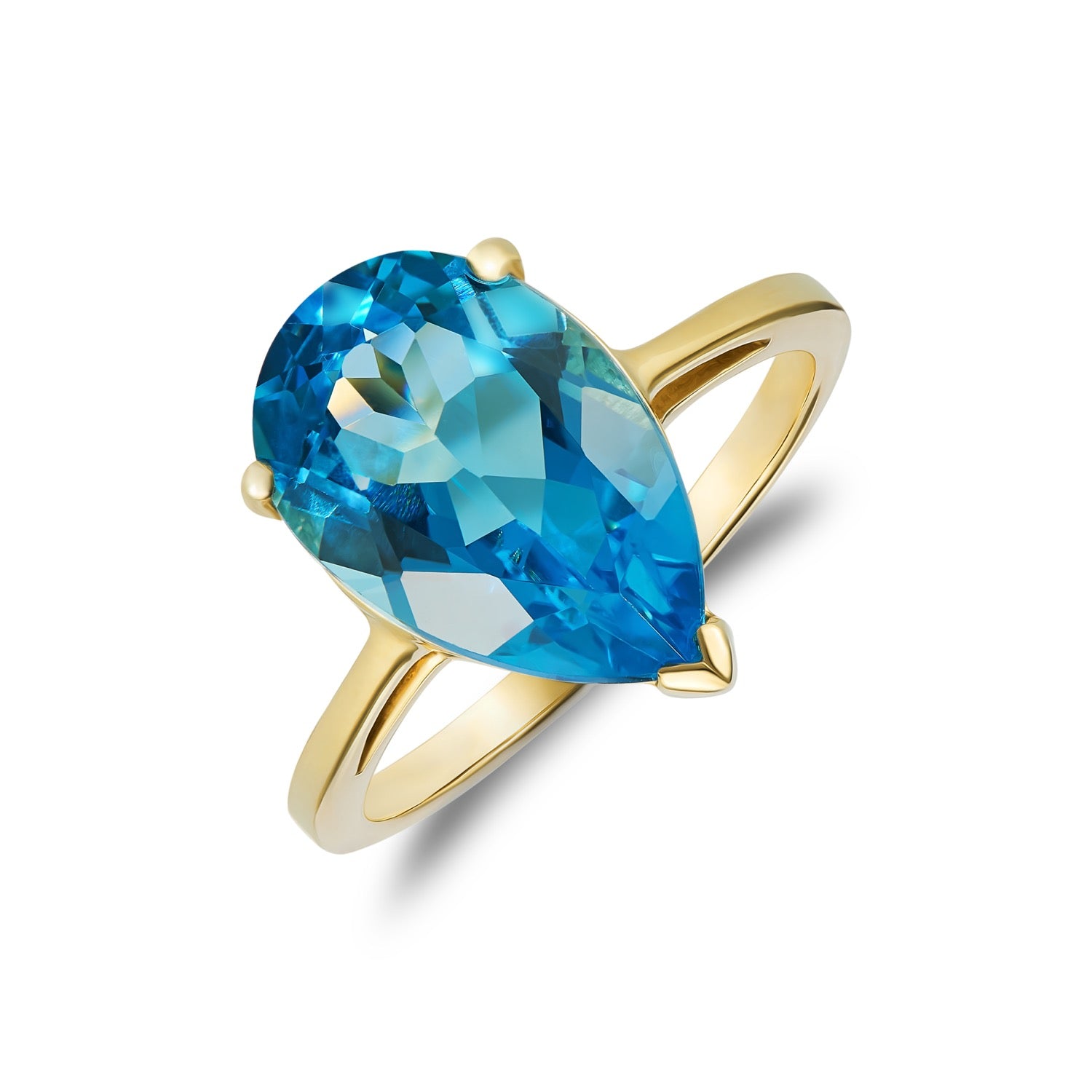 9ct Yellow Gold 14x9 Pear Shape Swiss Blue Topaz Claw Set Single Stone Ring