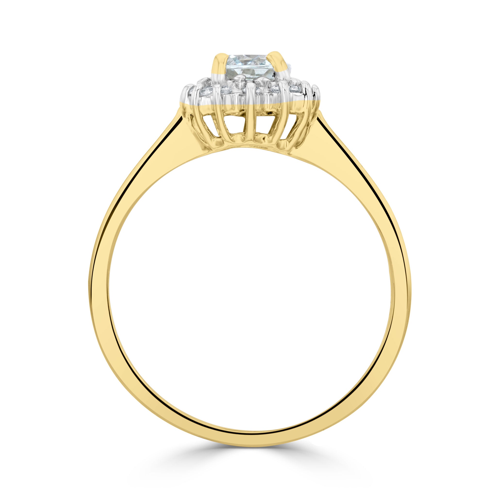 9CT WG 6X4 OVAL AQUA & DIAMOND TREFOIL SHOULDERS CLAW SET RING 1