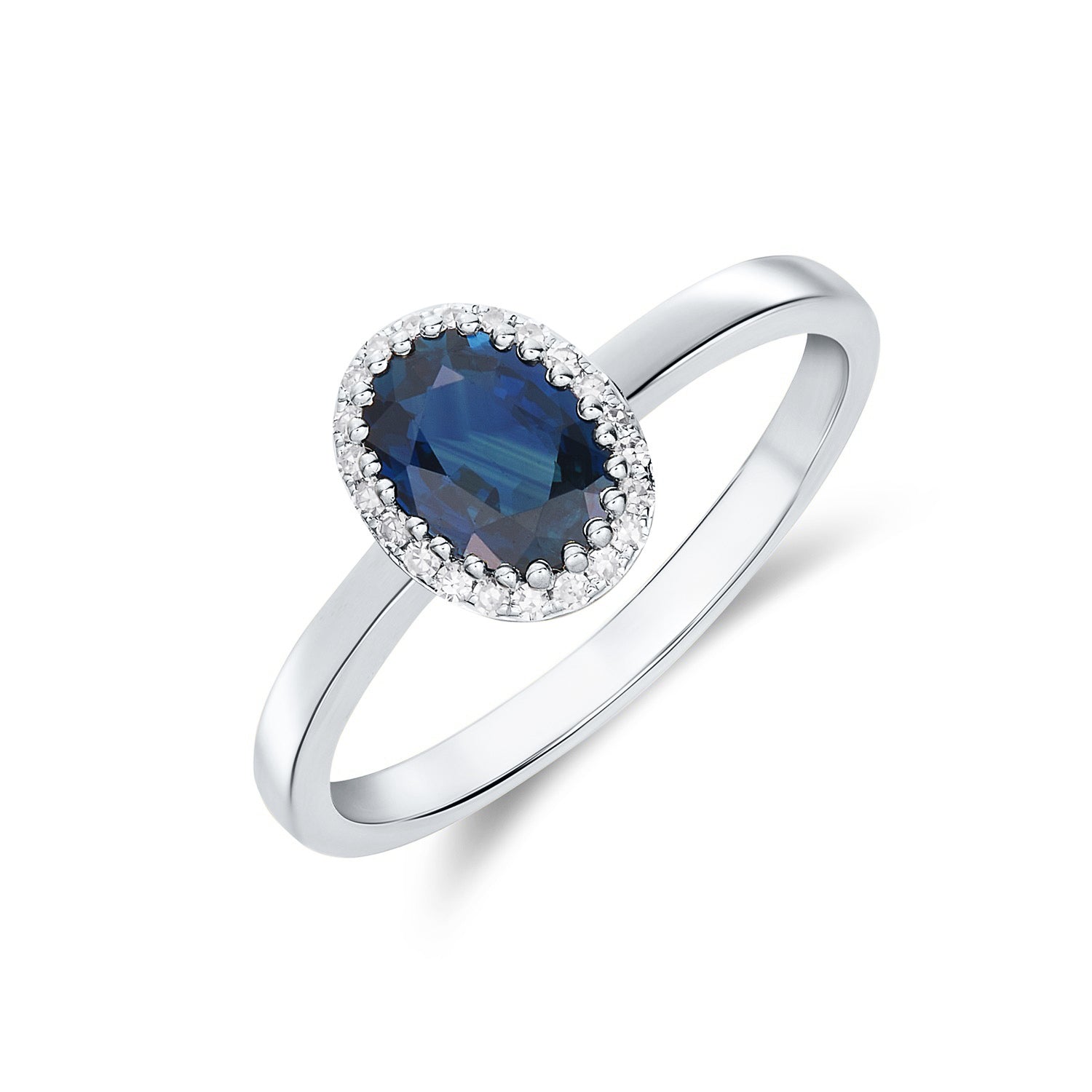 9CT WG 7X5 OVAL SAPPHIRE AND ROUND DIAMOND CLAW SET CLUSTER RING 1