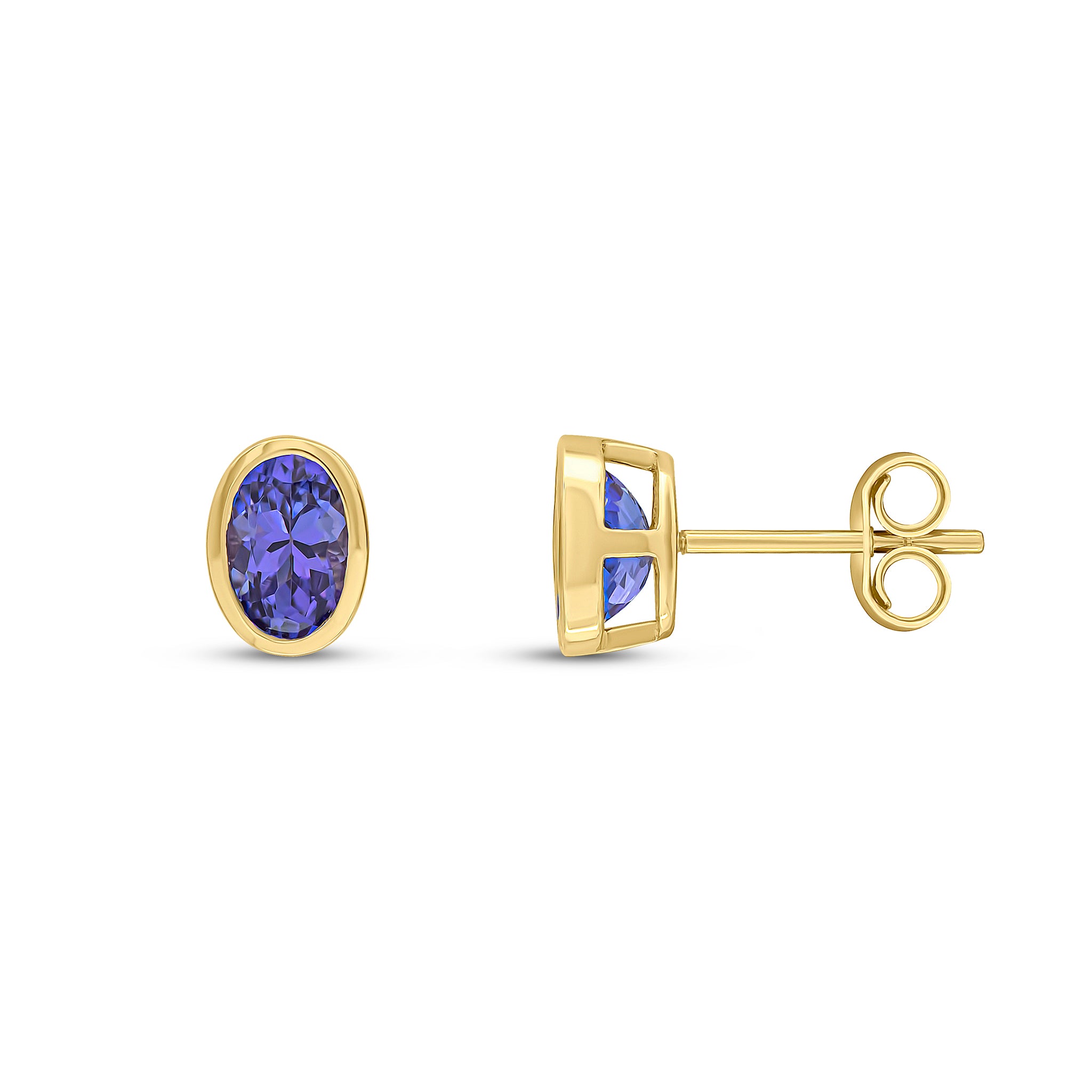 9ct Yellow Gold 6x4 Oval Tanzanite Rubover Stud Earrings