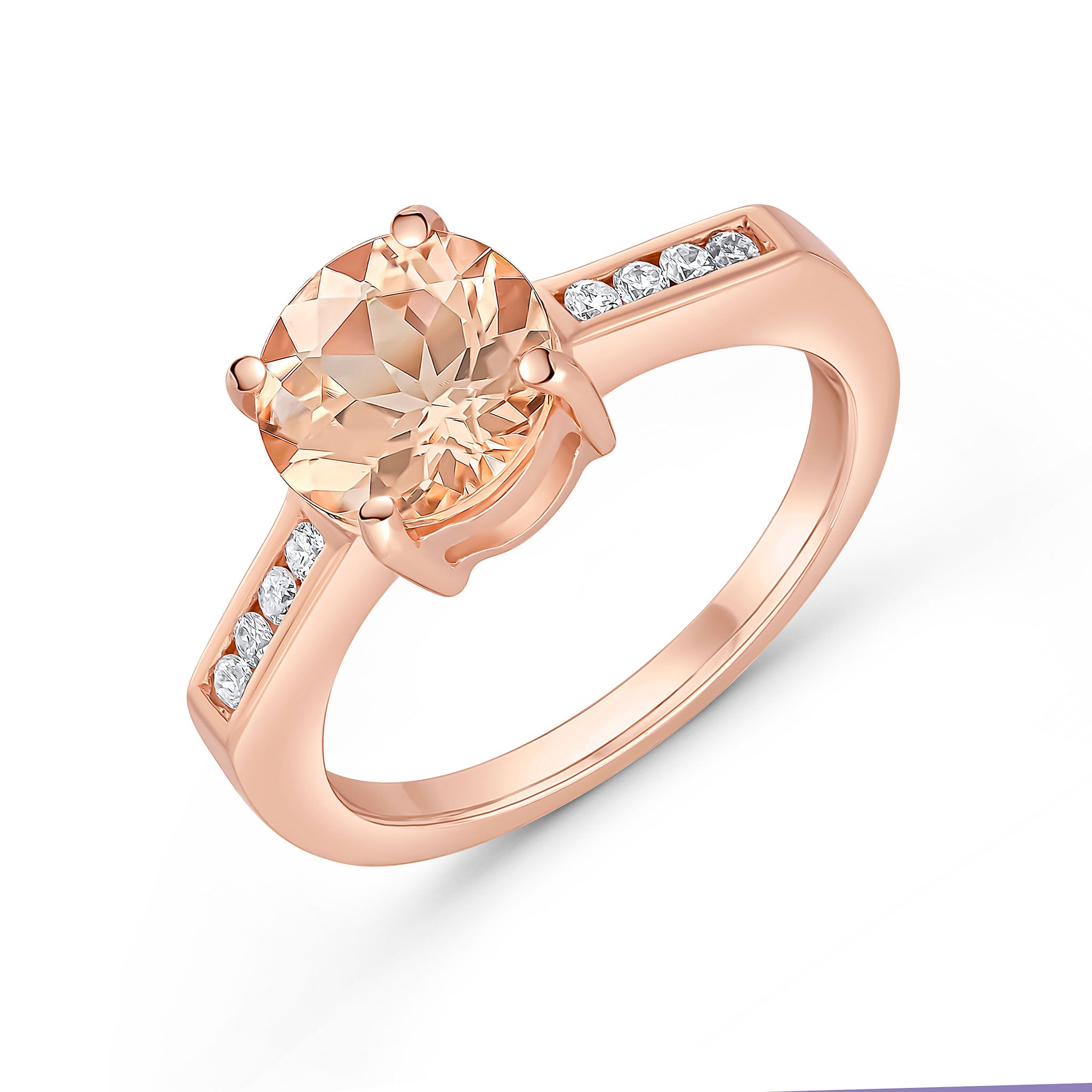 9ct Rose Gold Claw Set 8mm Round Morganite Single Stone Ring with Channel Set Diamond Shoulders